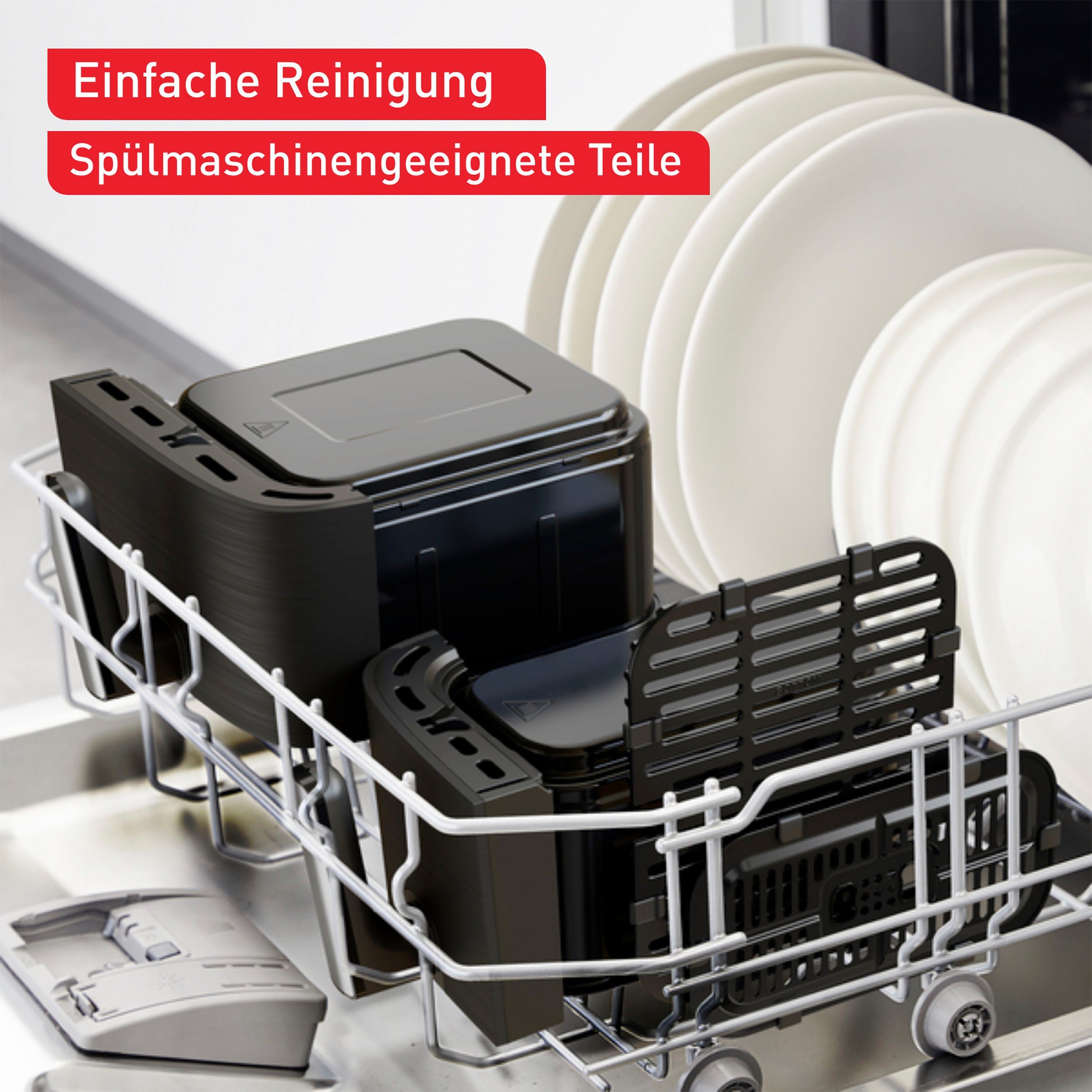 Tefal Heißluftfritteuse EY905B Dual Easy Fry & Grill Doppelkammer, 8,3 L Kapazität, 2 Laden, 2700 W, mit Hamburger Presse
