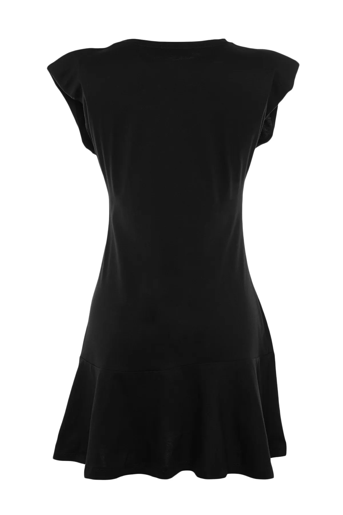 Trendyol Collection  Schwarzes Mini-Strickkleid aus 100 % Baumwolle mit gepolsterter Volanttaille/Skater-Rundhalsausschnitt TWOSS21EL0182