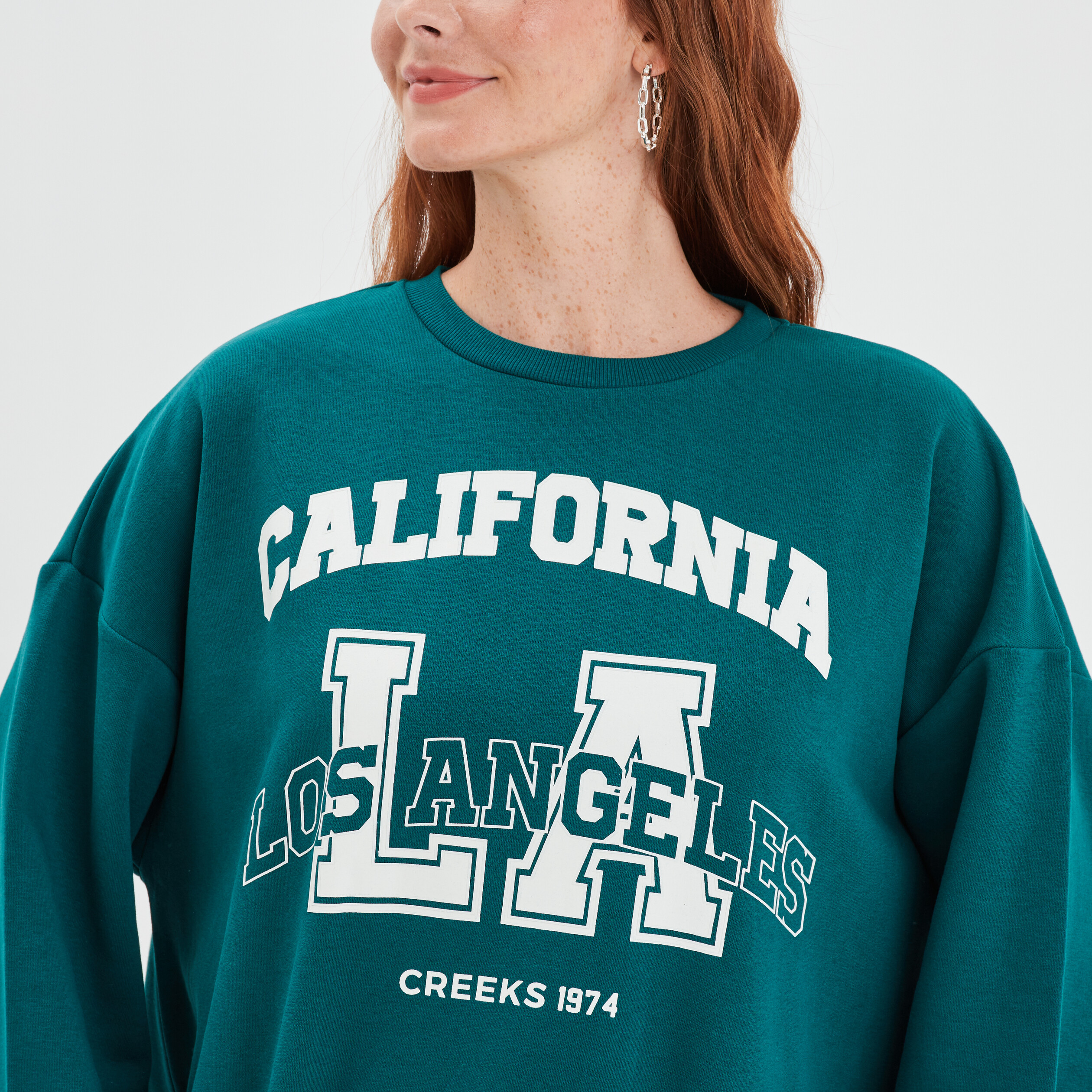 Sweat oversize mi-long col rond Creeks vert femme | La Halle