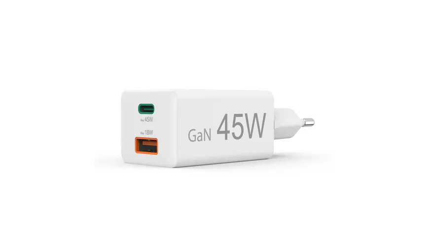 Hama Schnellladegerät, 1x USB-C PD, 1x USB-A QC, Mini-Ladegerät, 45 W, Weiß