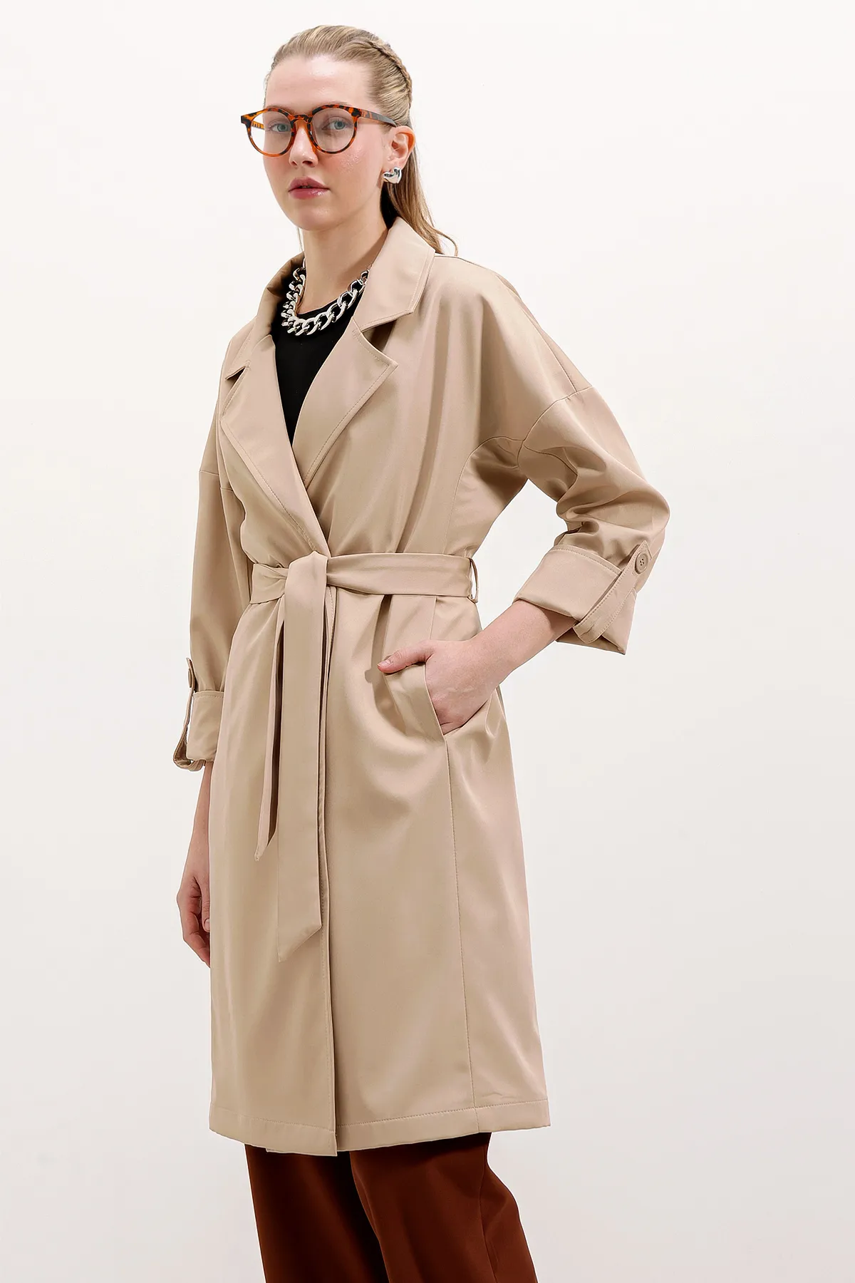 Bigdart  9104 Zweireihiger, mit Kragen gefütterter Trenchcoat – Beige