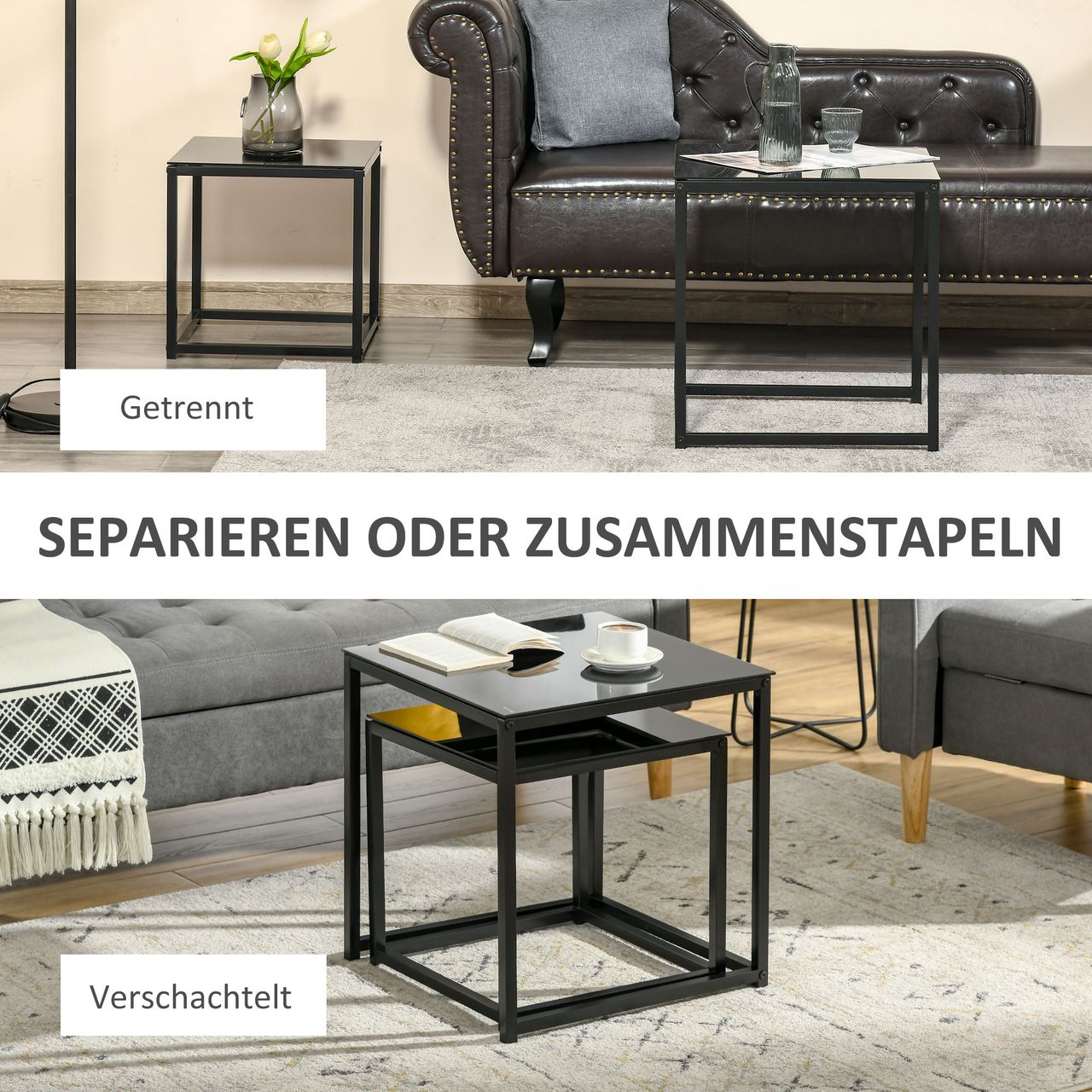 HOMCOM Beistelltisch 2er-Set, Couchtisch-Set, Kaffeetisch mit Glastischplatte