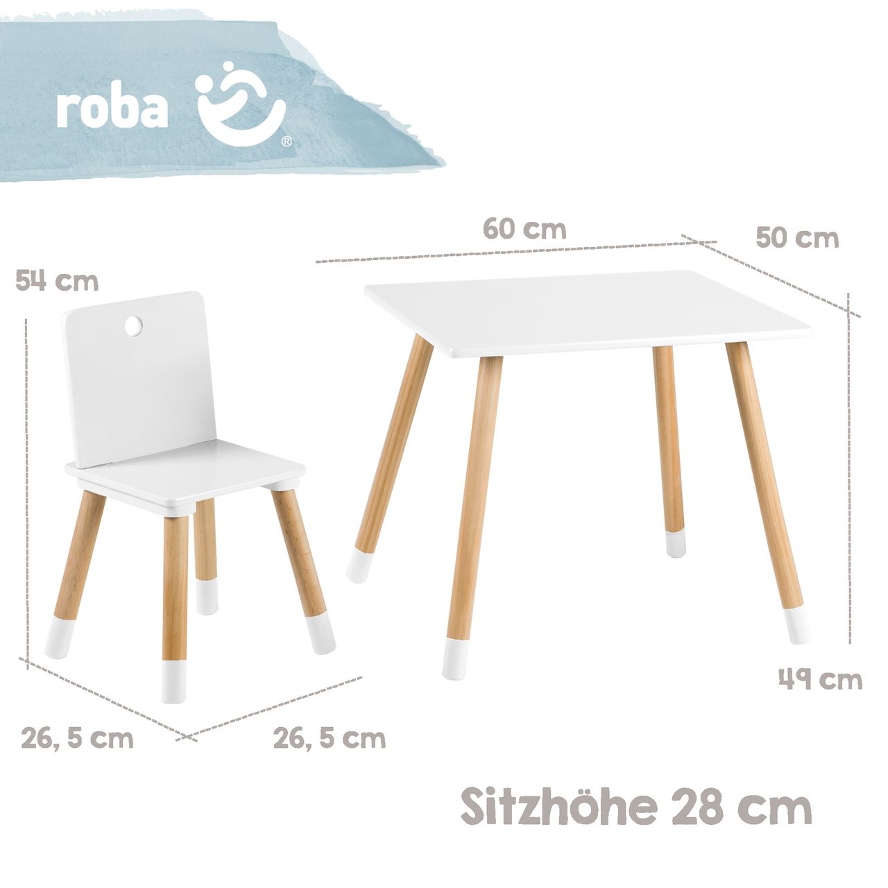 Roba Kinder Sitzgruppe, Kindermöbel Set aus 2 Kinderstühlen & 1 Tisch, Holz, weiß lackiert