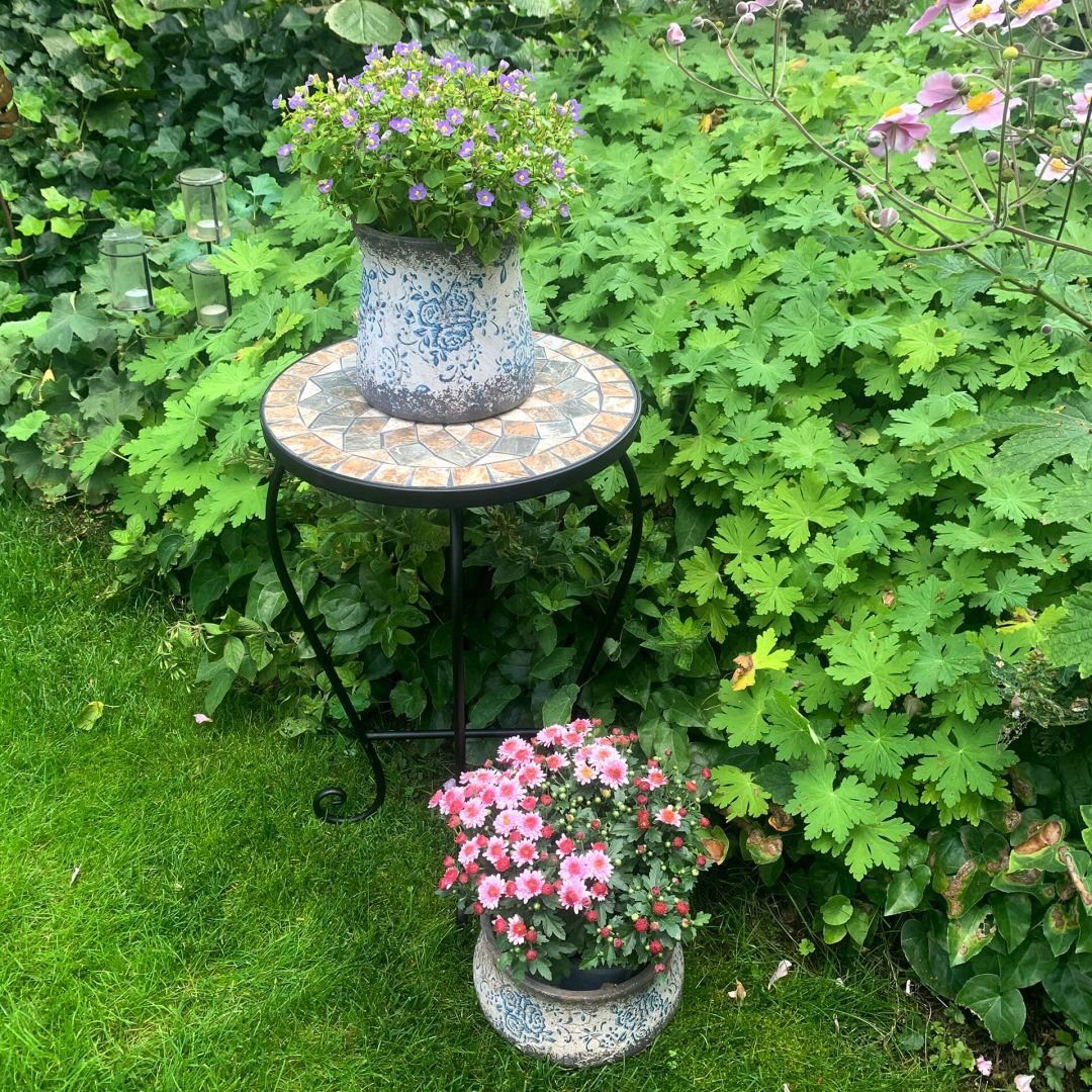 K&L Wall Art Blumenhocker Beistelltisch Mosaiktisch Pflanzenhocker Gartentisch Blumentreppe, Naturstein Mosaik Tischplatte