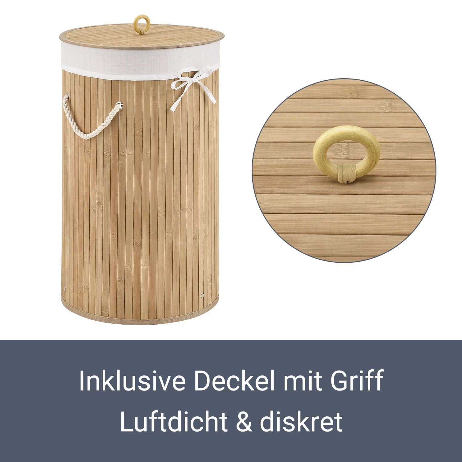 Juskys Wäschekorb Curly-Round, 55 l, mit Tragegriffe, Deckel, Wäschesack waschbar, platzsparend