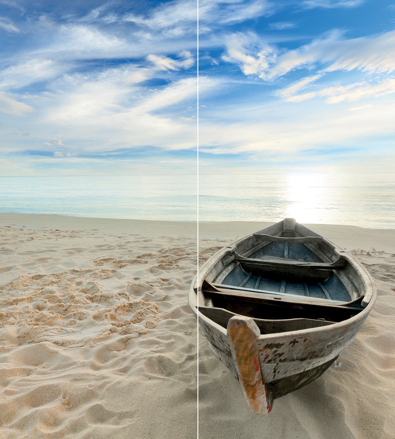 Schulte Badrückwand DecoDesign Foto über Eck Ruderboot am Strand, (Set, 2-tlg), Wandverkleidung, fugenloser Fliesenersatz, Duschrückwand