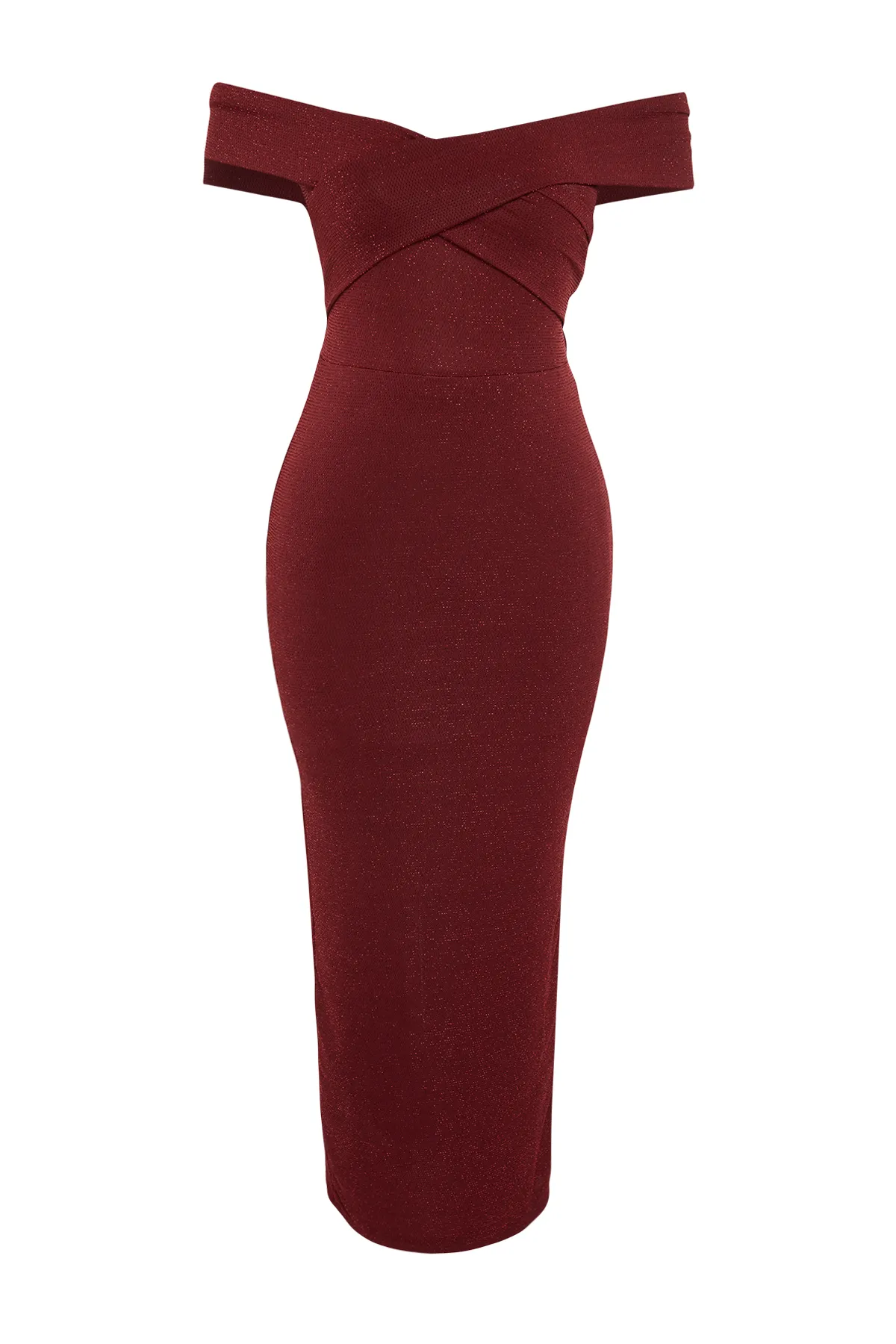 Trendyol Collection  Burgunderrotes Glitzer-Abendkleid aus Strick – Glitzer-Ausschnitt-Detail, TPRSS24EL00033