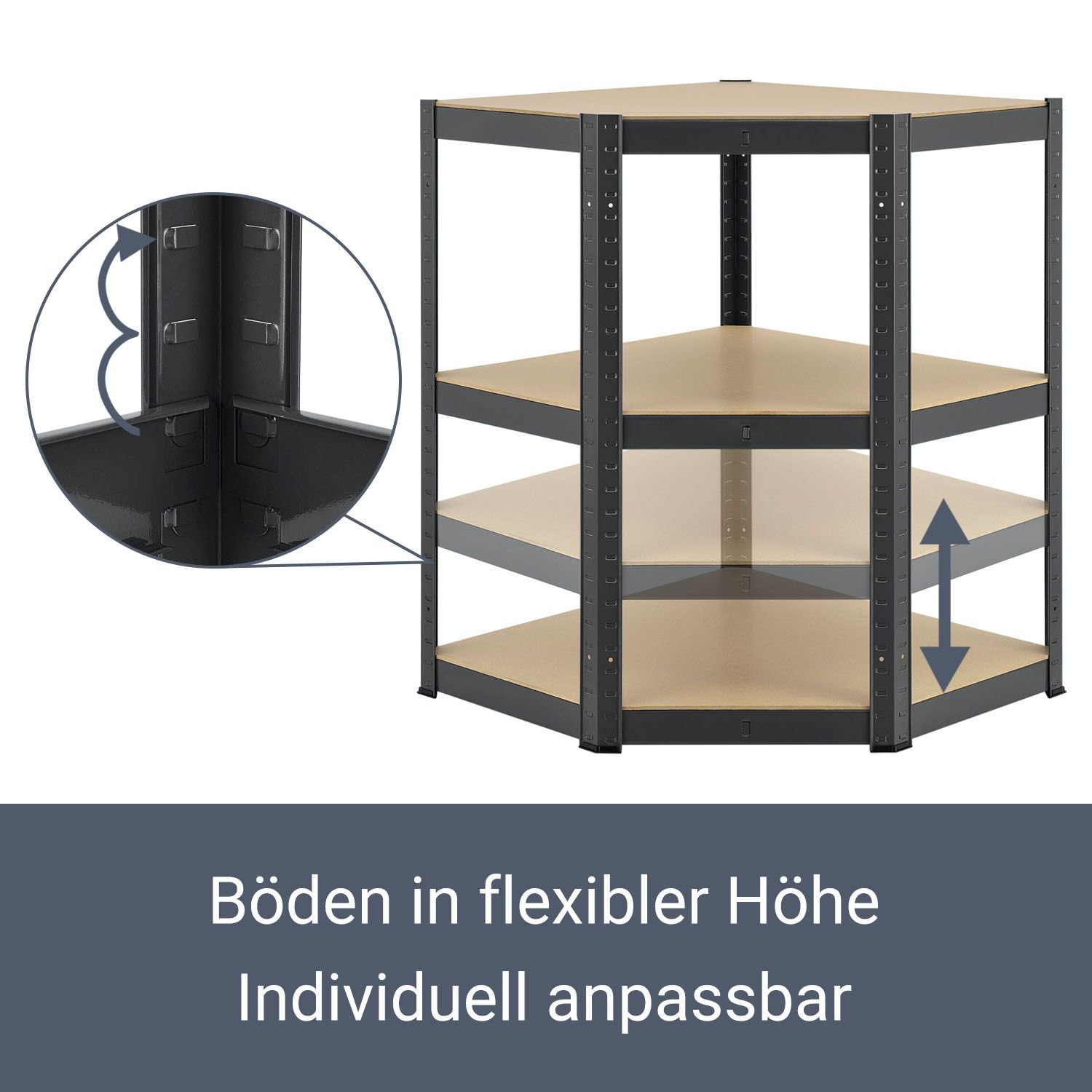 Juskys Eckregal Corner Basic, 5 Böden aus MDF-Holz, 175kg Traglast je Boden, Abstände frei wählbar