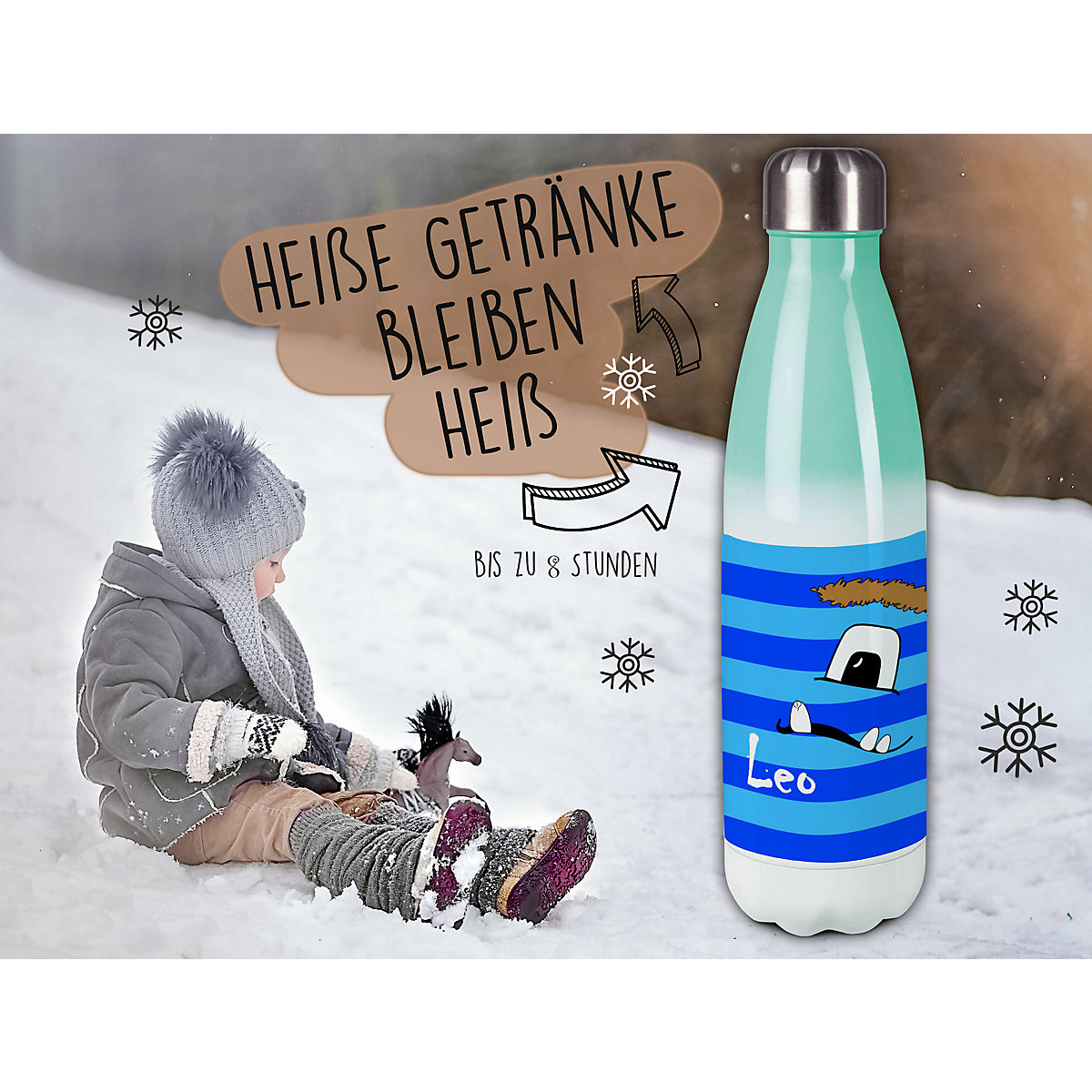Edelstahl Kinder Thermoflasche / Trinkflasche bunt Monster Streifen Farbe blau Spülmaschinenfest, Auslaufsicher, Bruchfest, Doppelwandig, Für Heißgetränke geeignet, Mit Deckel, Isoliert