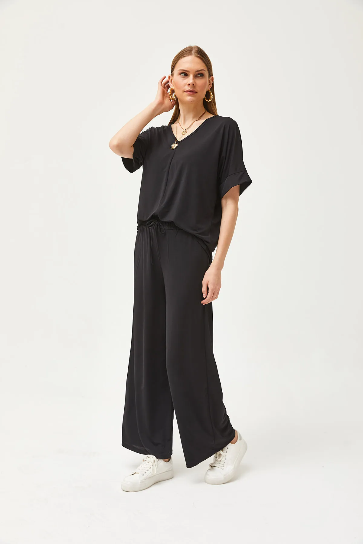 Olalook  Schwarzes Top-Bluse-Unterteil für Damen, locker gestricktes Palazzo-Set TKM-19000267