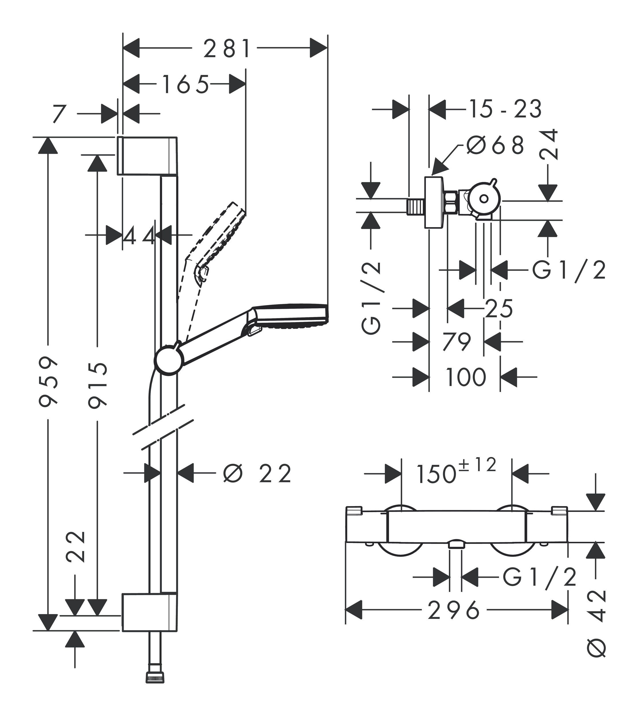 hansgrohe Duschsystem Crometta, Höhe 95.9 cm, 2 Strahlart(en), Vario m. Ecostat 1001 CL Thermostat u. Brausestange 900 mm - Weiß
