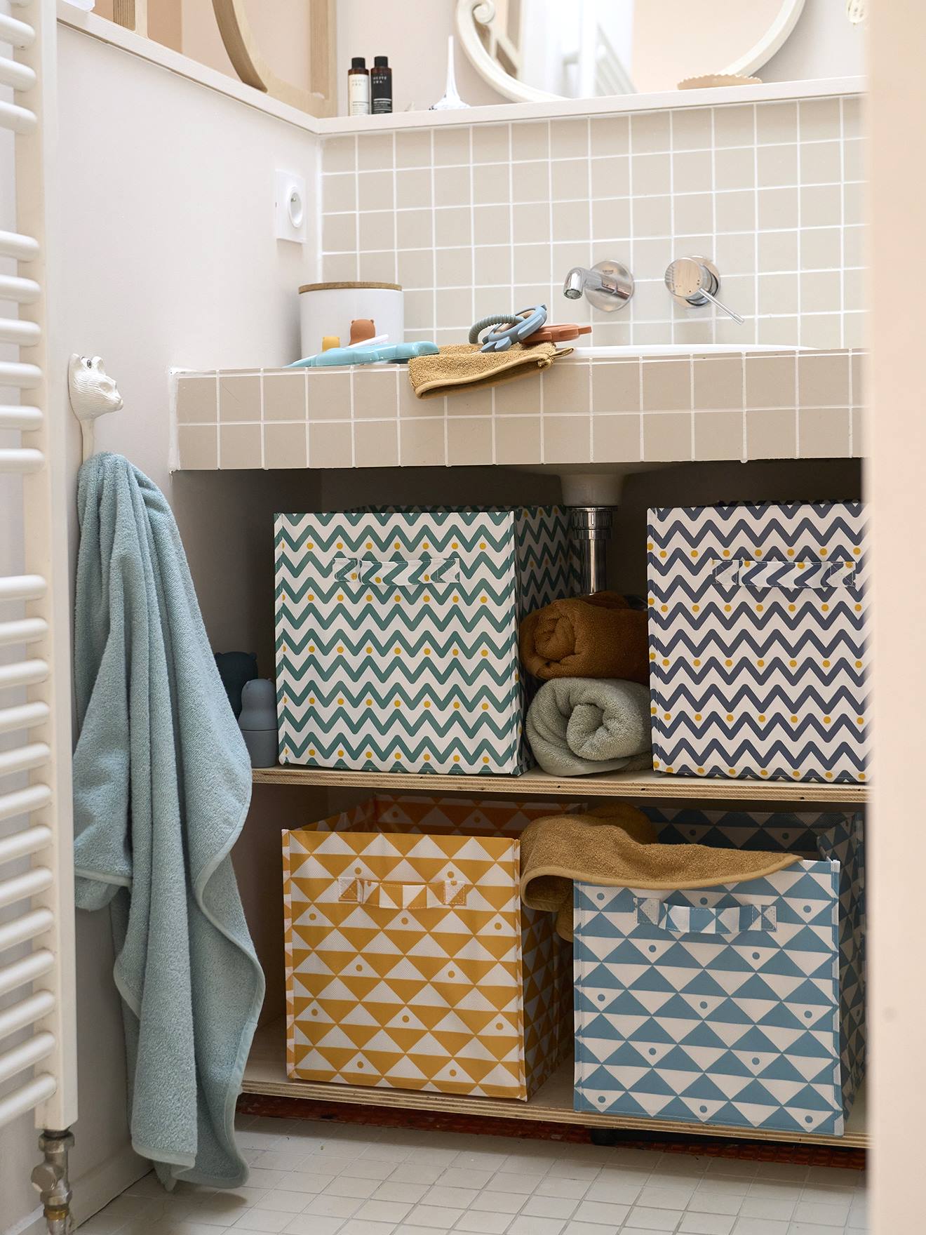 Lot de 2 bacs de rangement jaune + bleu