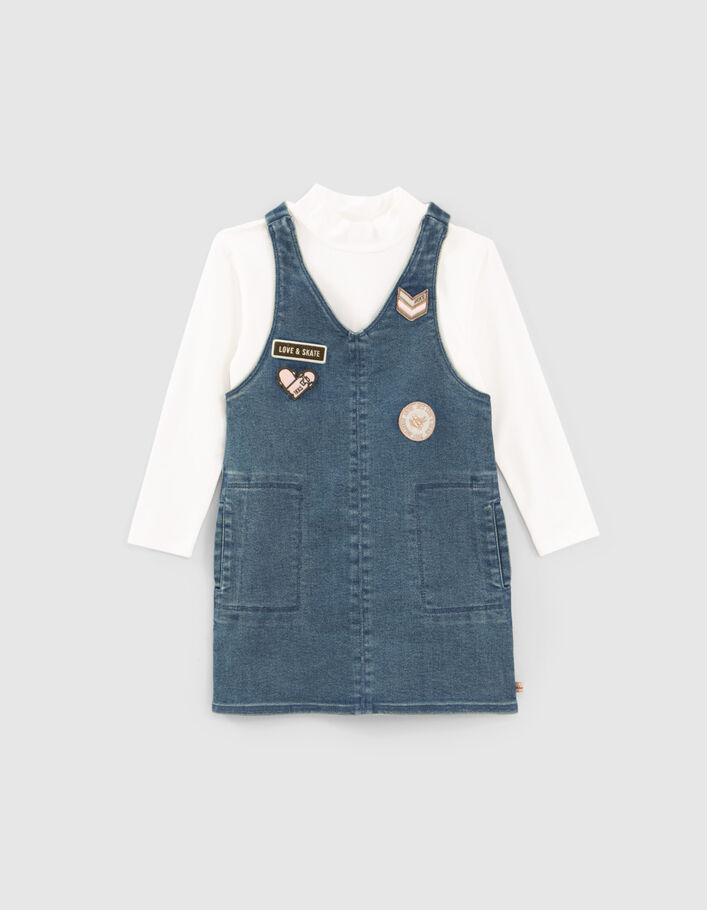 Robe 2-en-1 en jean bleu et T-shirt à col brodé fille