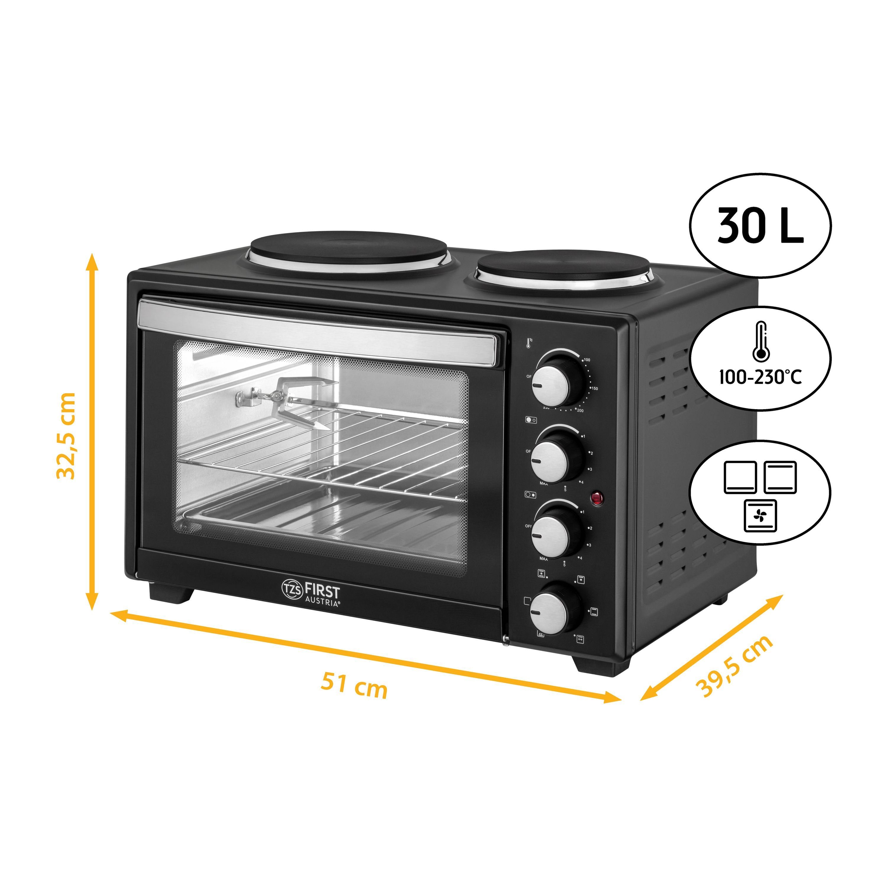 TZS FIRST AUSTRIA Minibackofen Pizzaofen mit Kochplatten, 30L, 3200W, Mini Backofen mit Umluft, max 230°C, Backblech, Drehspieß, Grillrost, Innenbeleuchtung