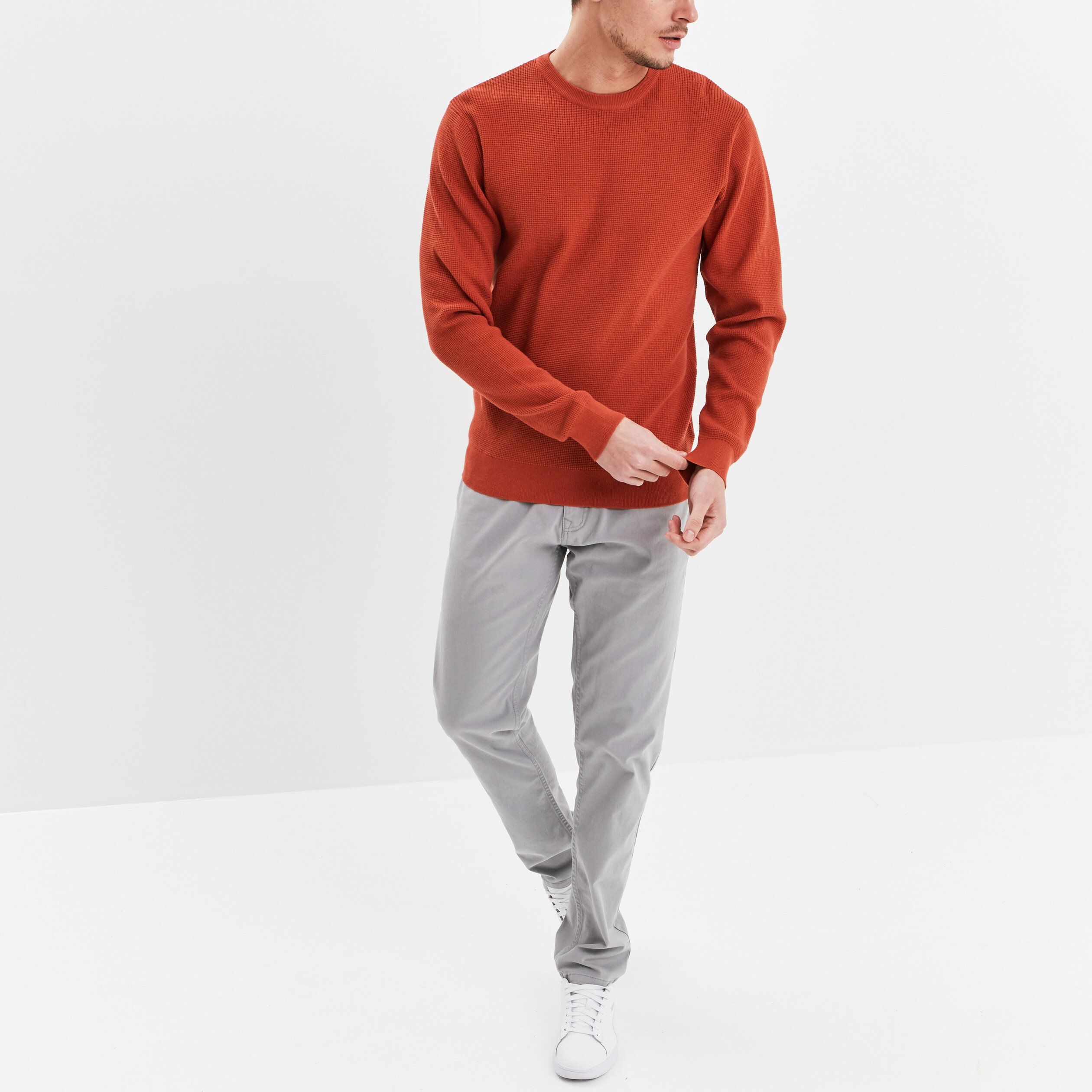 Pull avec col rond à relief orange foncé homme | La Halle
