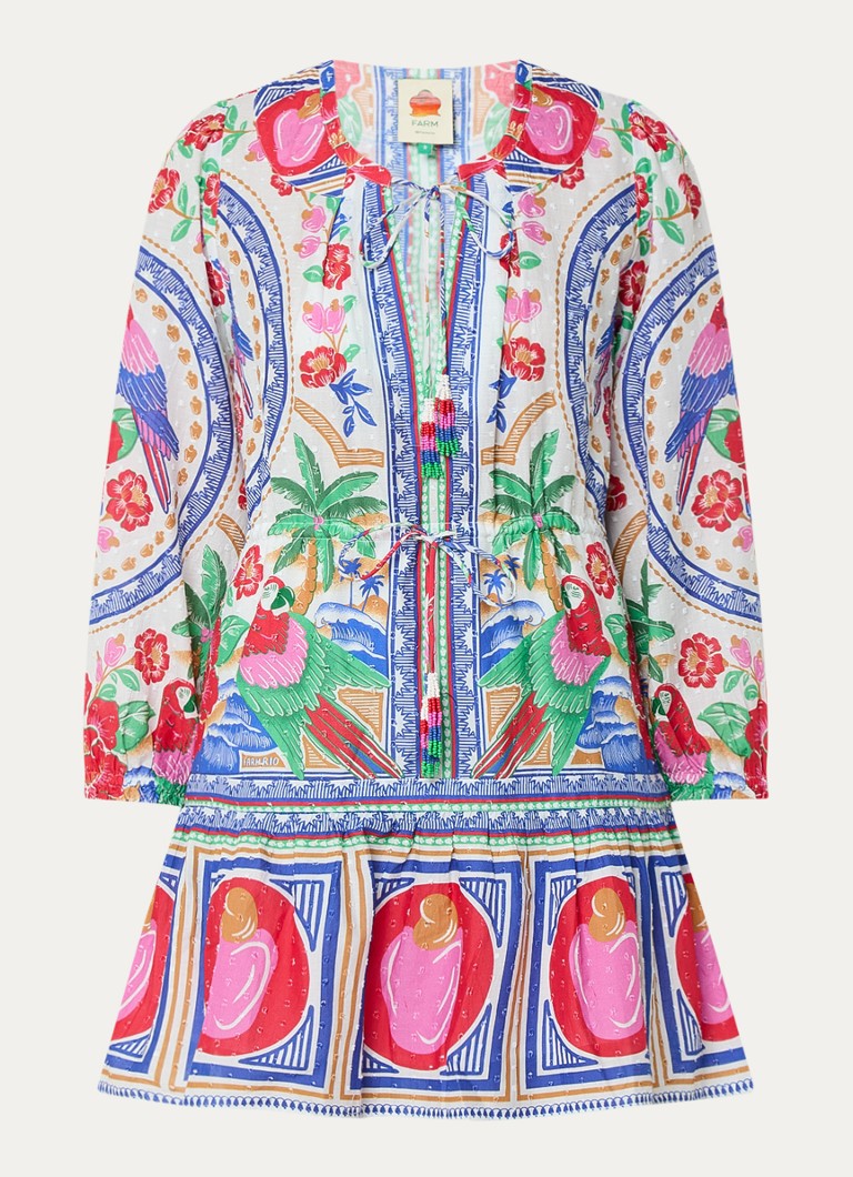 Vestido túnica corto Farm Rio con estampado y cuello con lazo