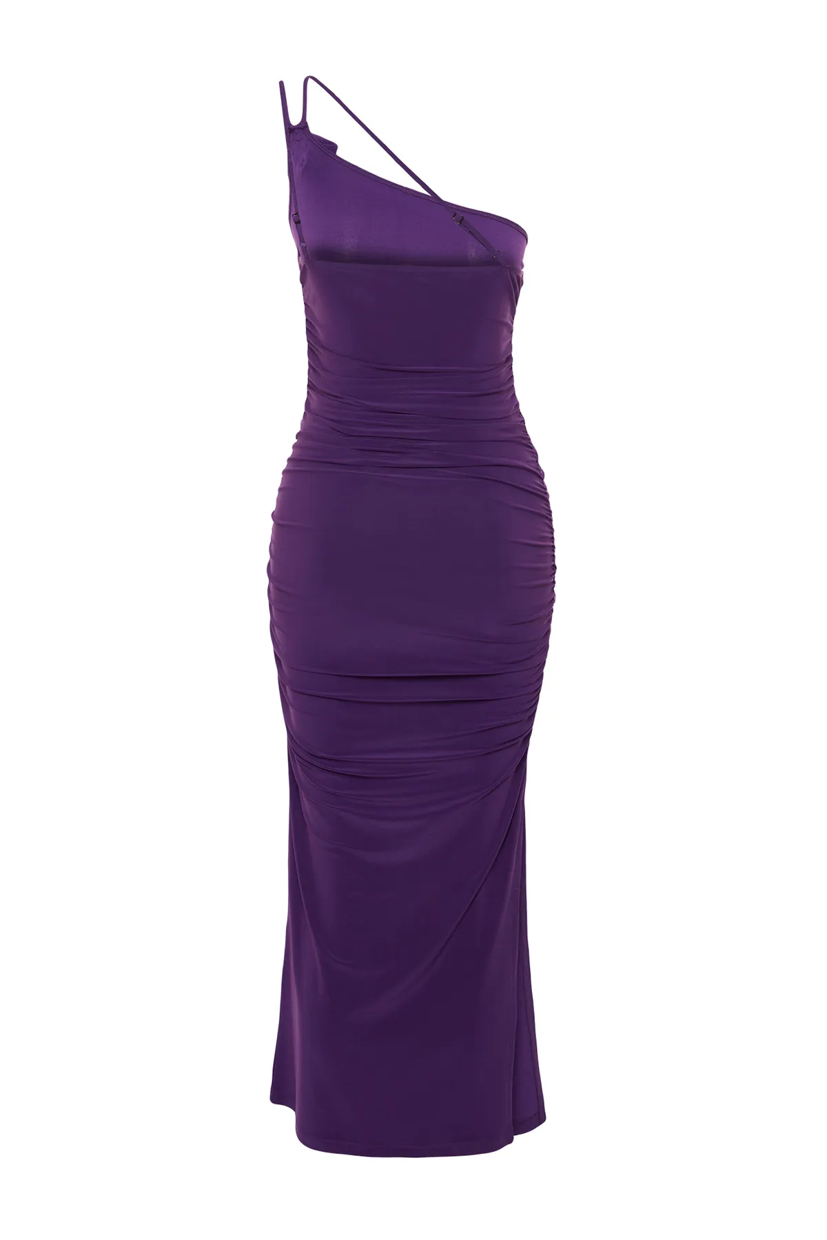 Trendyol Collection  Purple Accessory Rose Detailliert gerafftes Bodycon/tailliertes Stretch-Strick-Midi-Bleistiftkleid TWOSS24EL00413