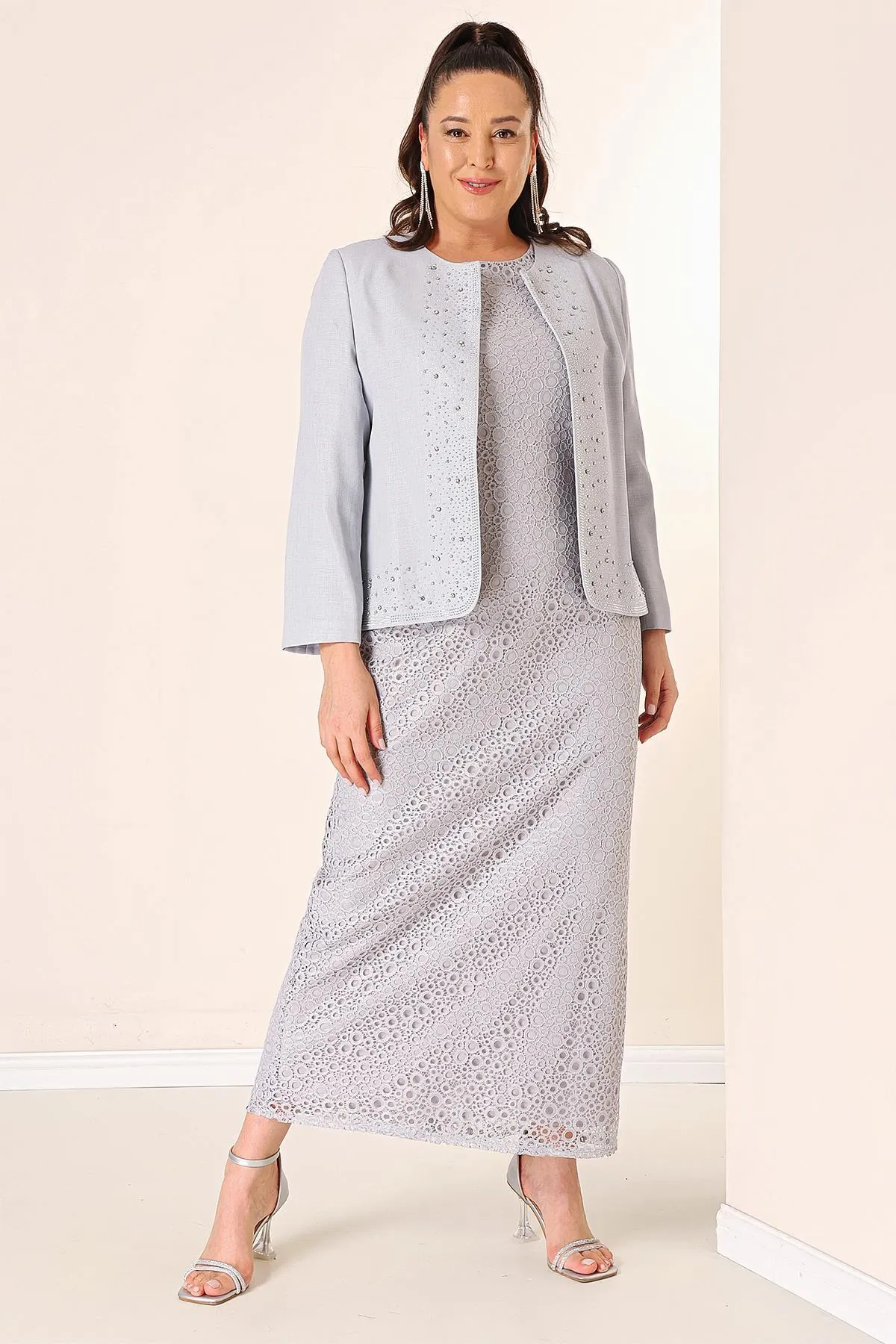 By Saygı  Ärmelloses Gülpür-Kleid, steinfarbene, detaillierte Kreppjacke, gefüttert, große Größe, 2-teiliges Set