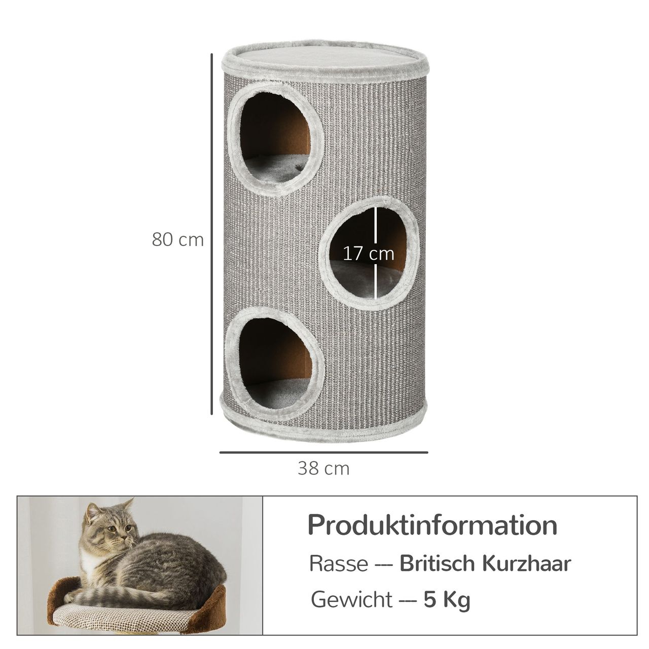 PawHut Kratztonne, Katzenkratzbaum mit 3 Höhlen, Spieltonne für Katzen, Hellgrau