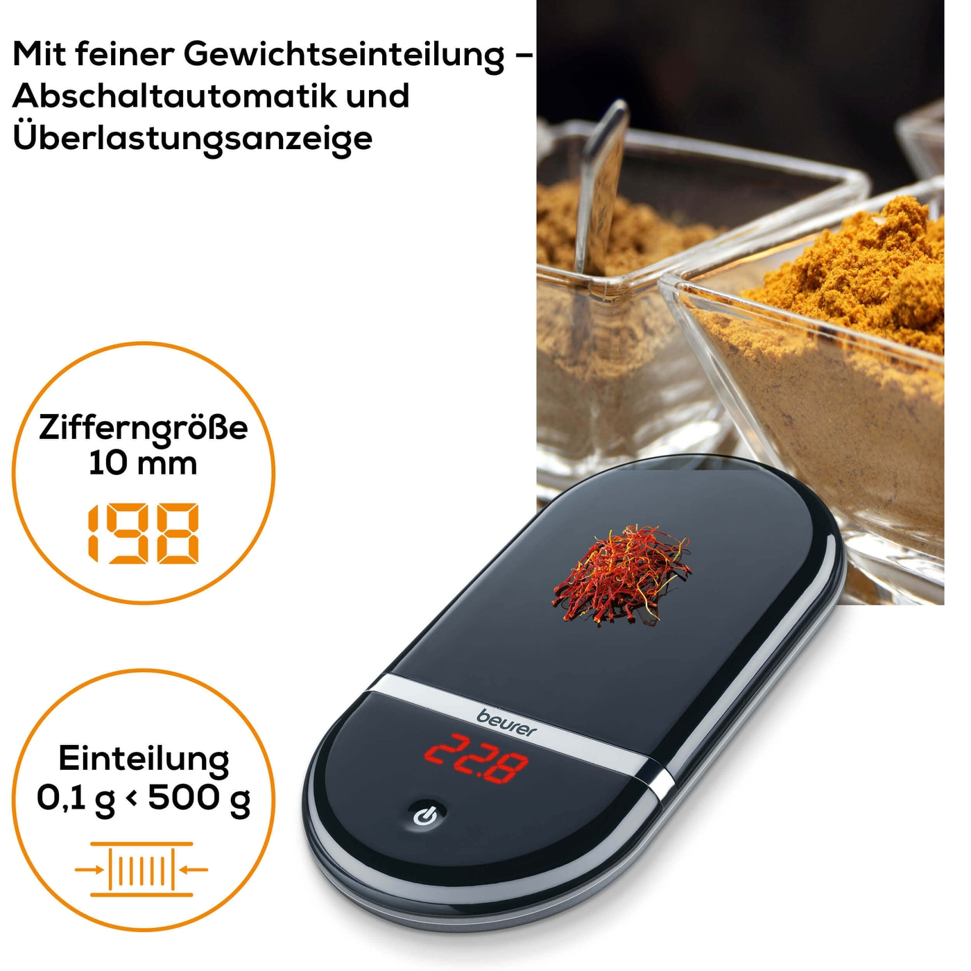 Beurer Präzisionsküchenwaage KS 36-Flache Feinwaage für die Küche mit Kalibrierfunktion & Magic-Display