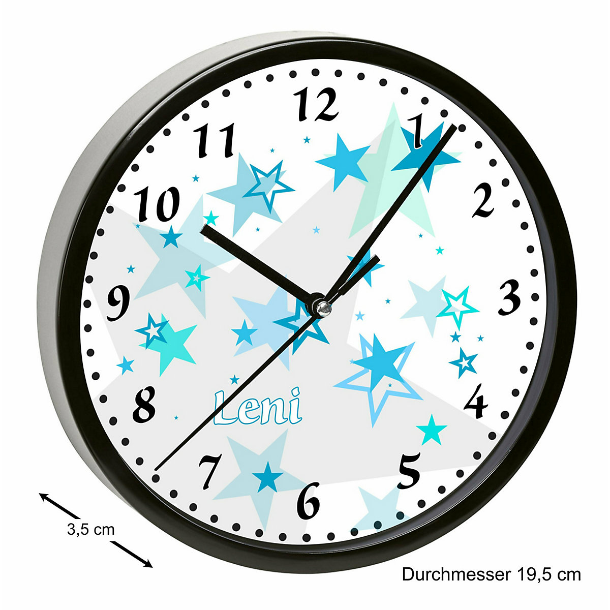 Kinder Wanduhr laufruhig personalisiert mit Name Sternenhimmel Türkis