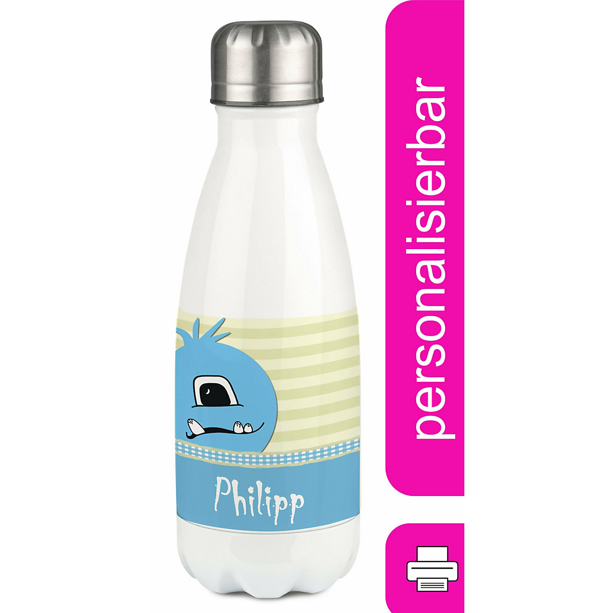 Edelstahl Kinder Thermoflasche / Trinkflasche bunt Monster Karo Farbe hellblau Spülmaschinenfest, Auslaufsicher, Bruchfest, Doppelwandig, Für Heißgetränke geeignet, Mit Deckel, Isoliert