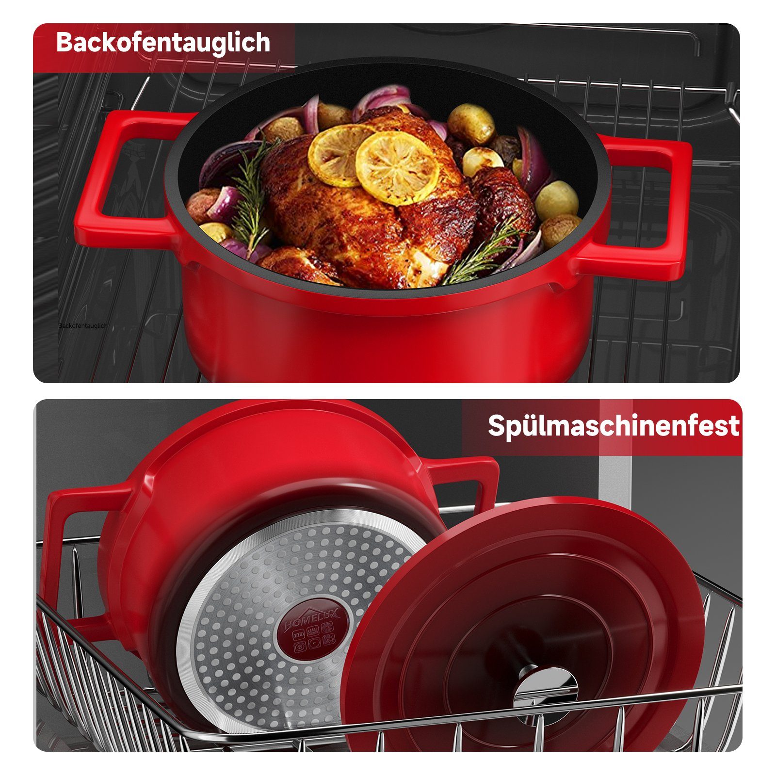 HOMELUX Bratentopf 12/20/24/28 cm Topf Induktions Kochtöpfe mit Deckel, Aluminium, für alle Herdarten