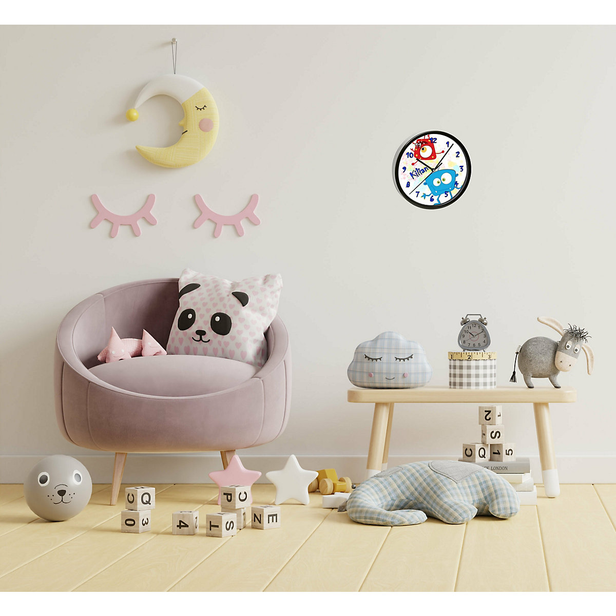 Kinder Wanduhr personalisiert mit Name Monster Farbkleks