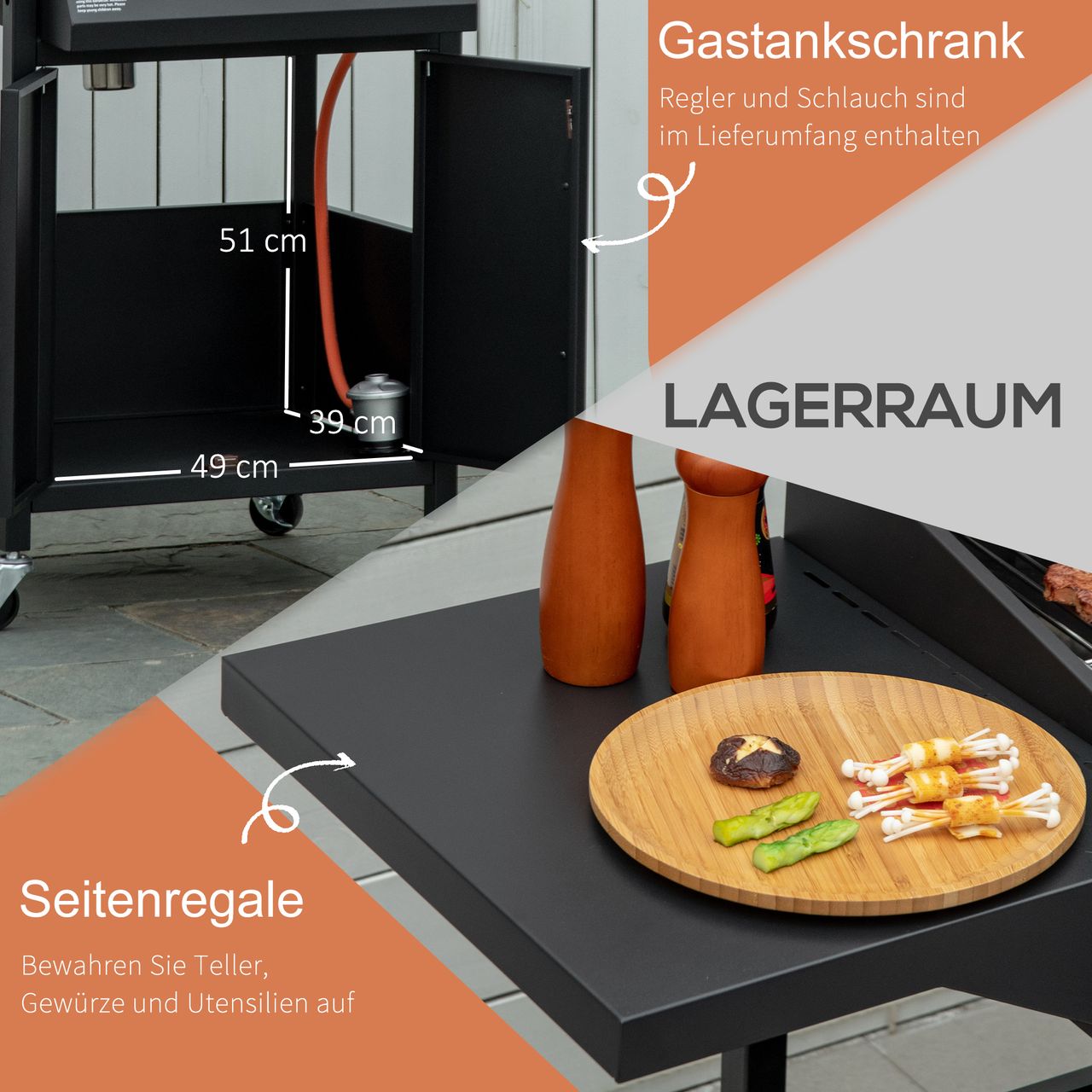 Outsunny Gasgrill BBQ mit 3 Brennern je 3 kw mobiler Grillwagen mit 4 Rädern Grillnetz Seitentischen Druckminderer Schläuche Schrank Multifunktion Stahl Schwarz 121 x 55 x 109 cm
