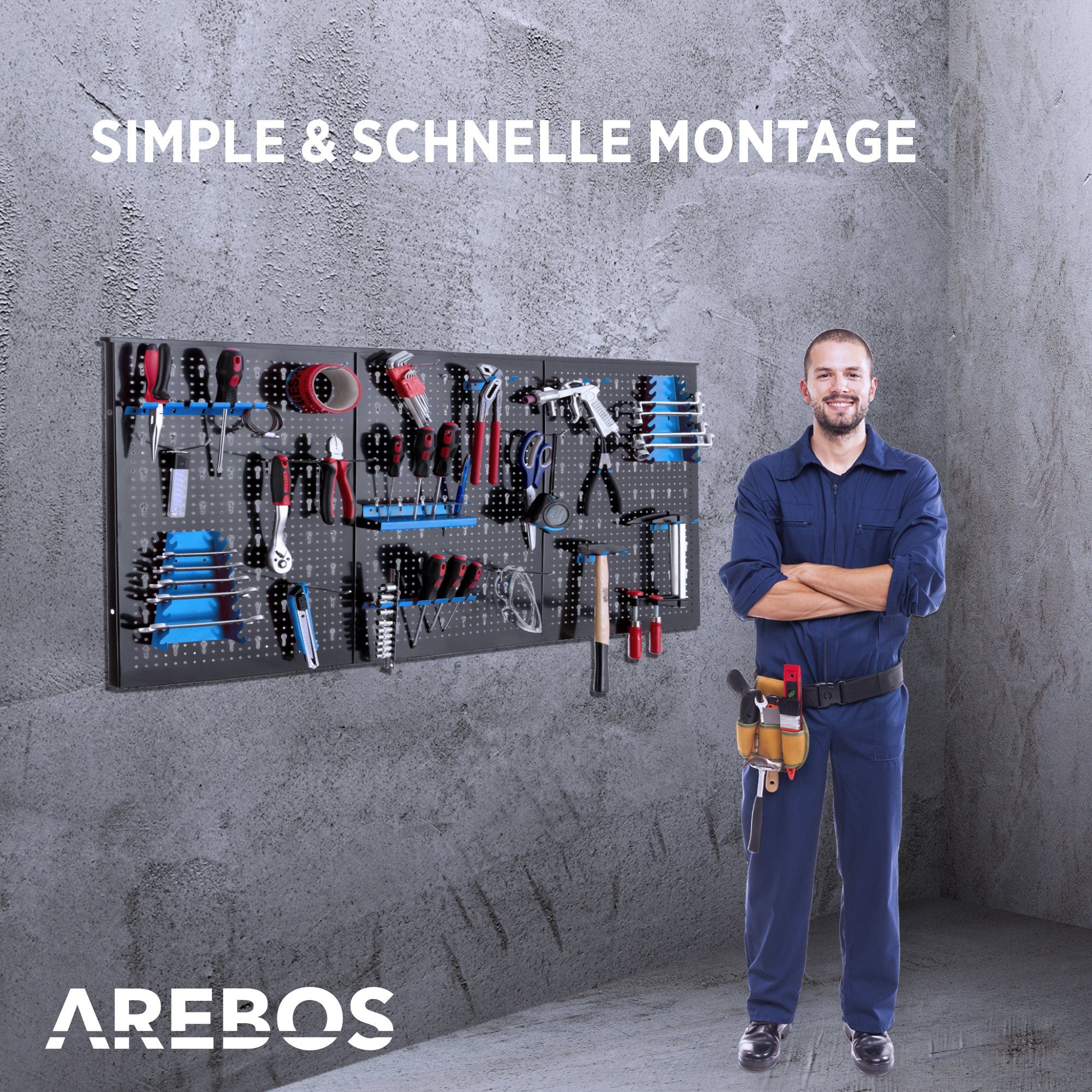 Arebos Lochwand Werkzeugwand dreiteilig, 17-teiliges Hakenset Rot/Blau, 3 Stk., mit 17 Haken, (Set)