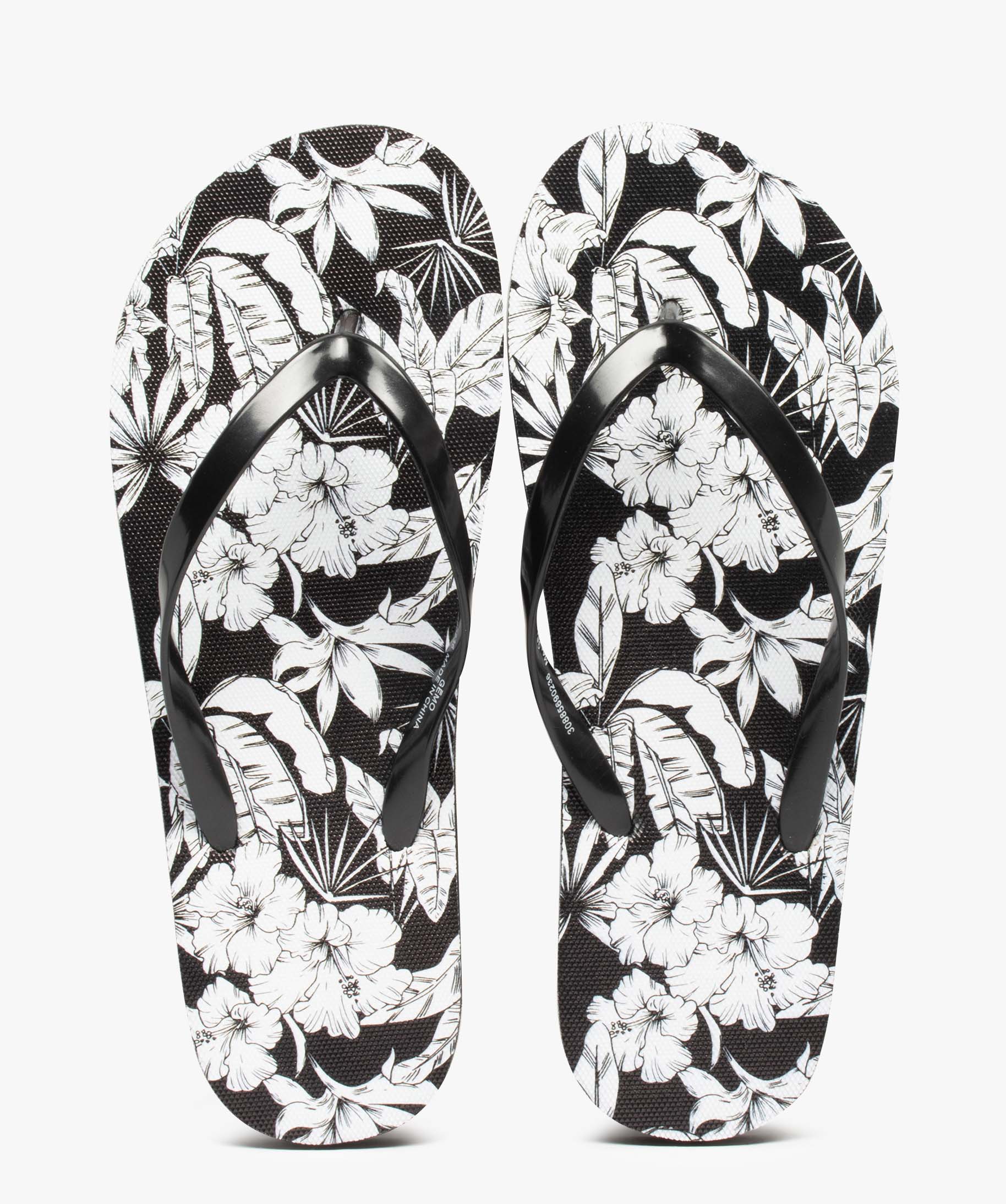 Tongs femme à fines brides et semelle imprimée fleurs noir | GEMO