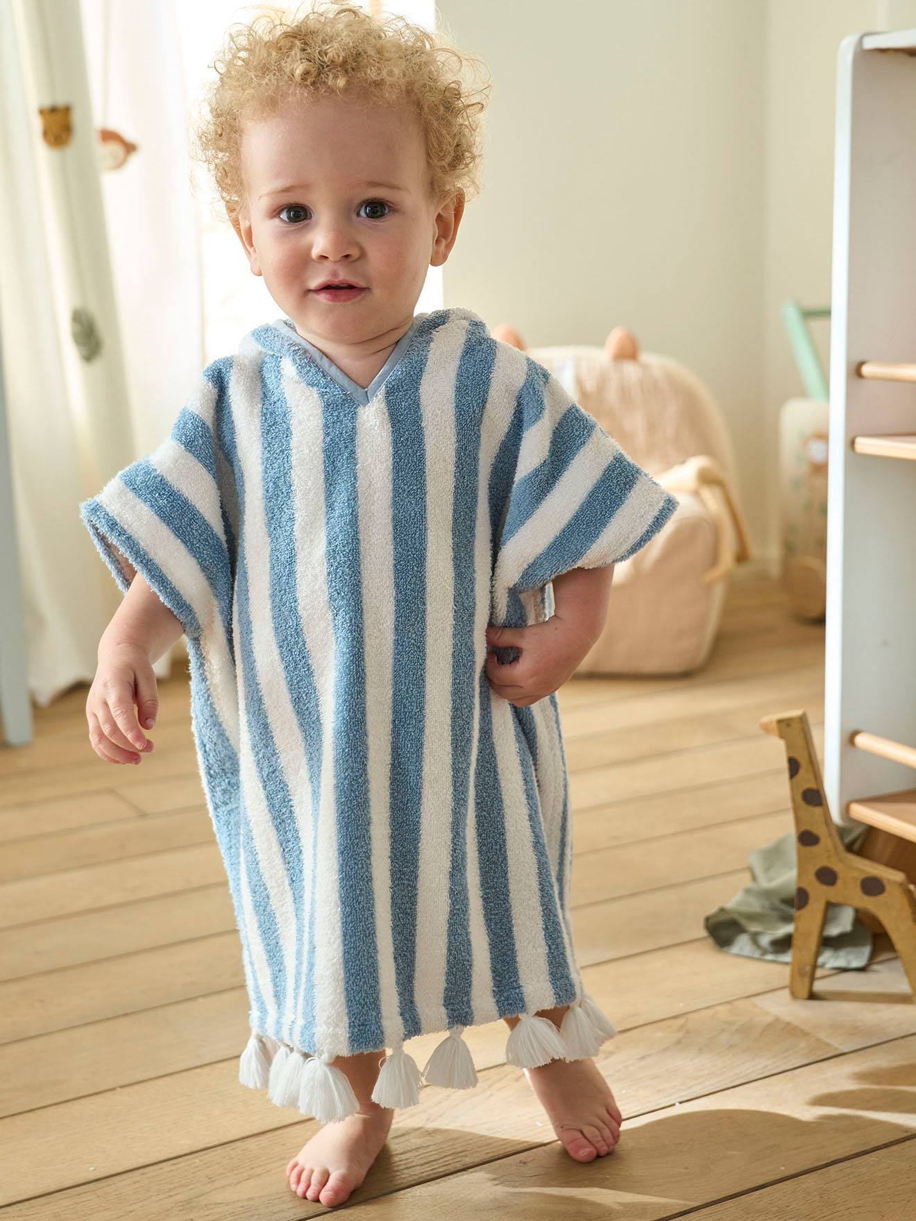 Poncho de bain bébé à rayures personnalisable rose