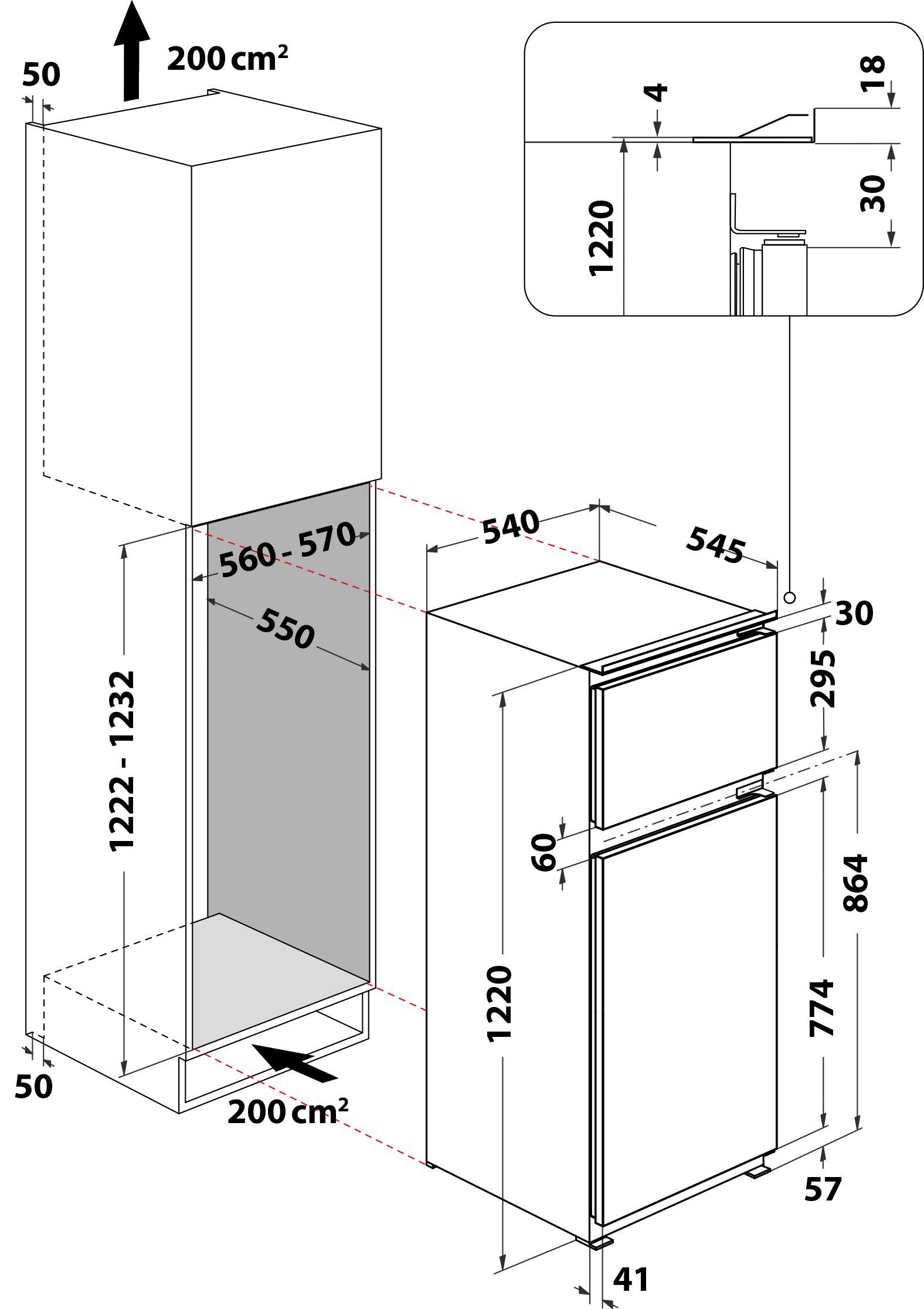 BAUKNECHT Einbaukühlgefrierkombination KDI 12S1, 122 cm hoch, 54 cm breit