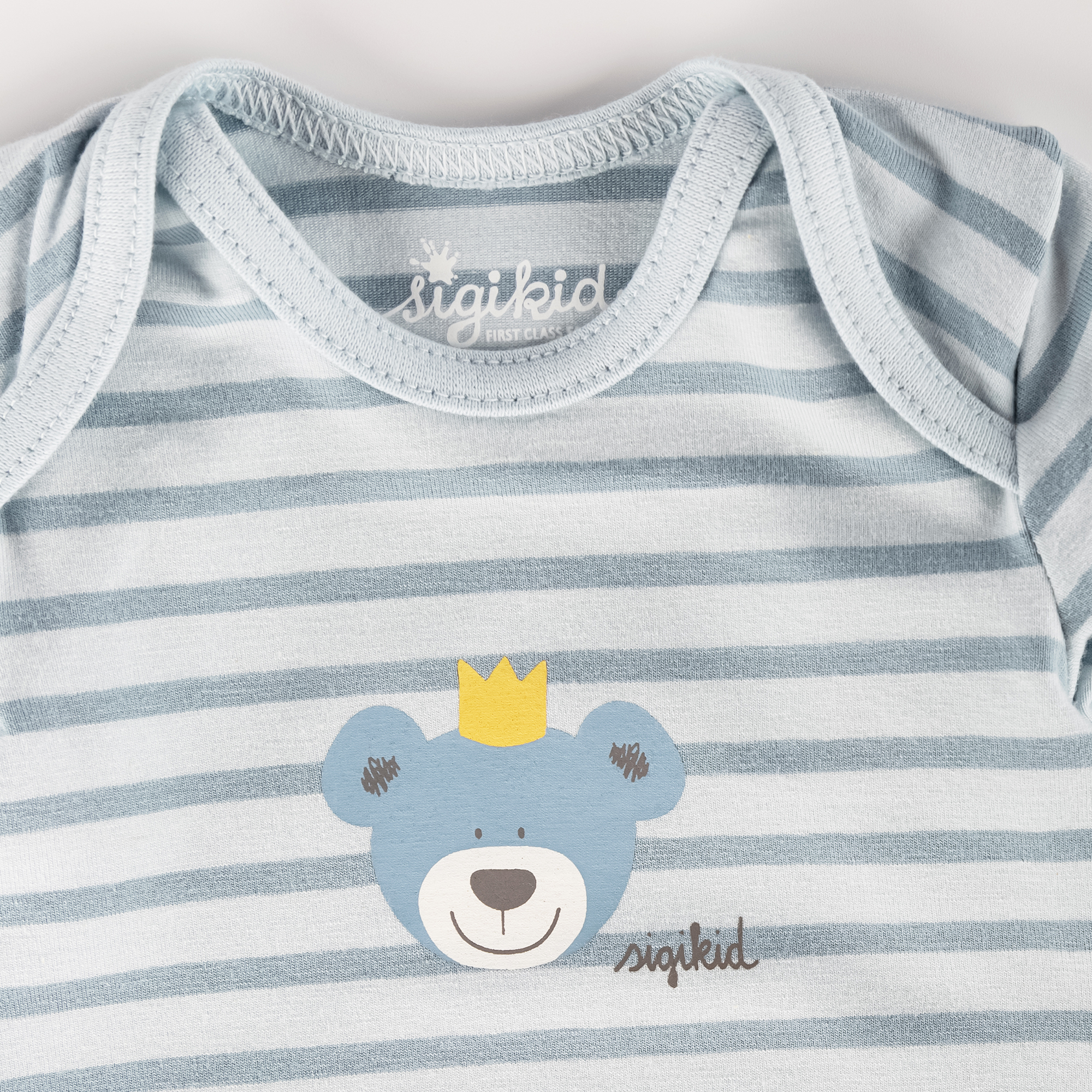 Langarm Babybody Krönchen Bär, blau geringelt