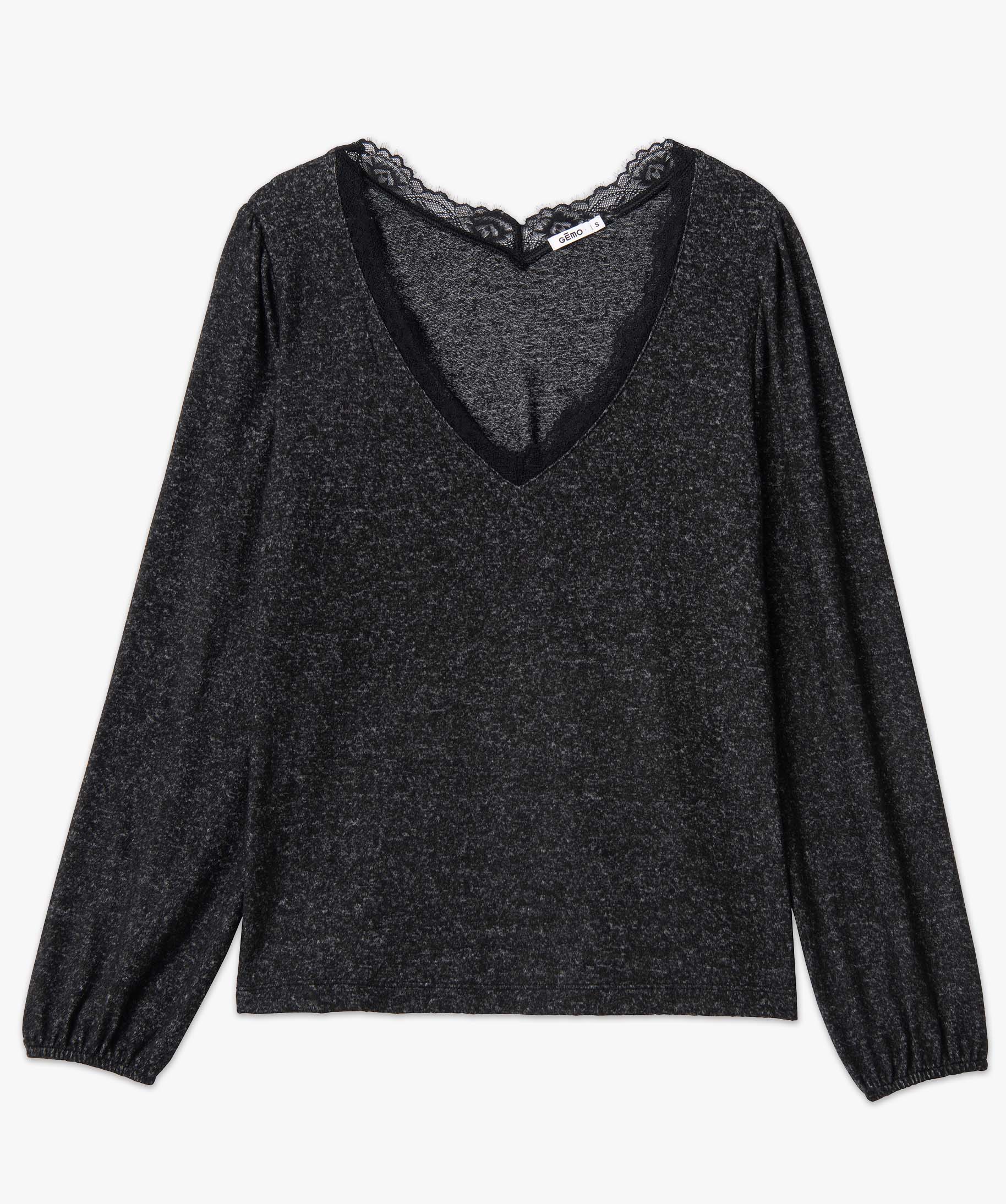 Pull femme en maille douce à col V en dentelle noir | GEMO