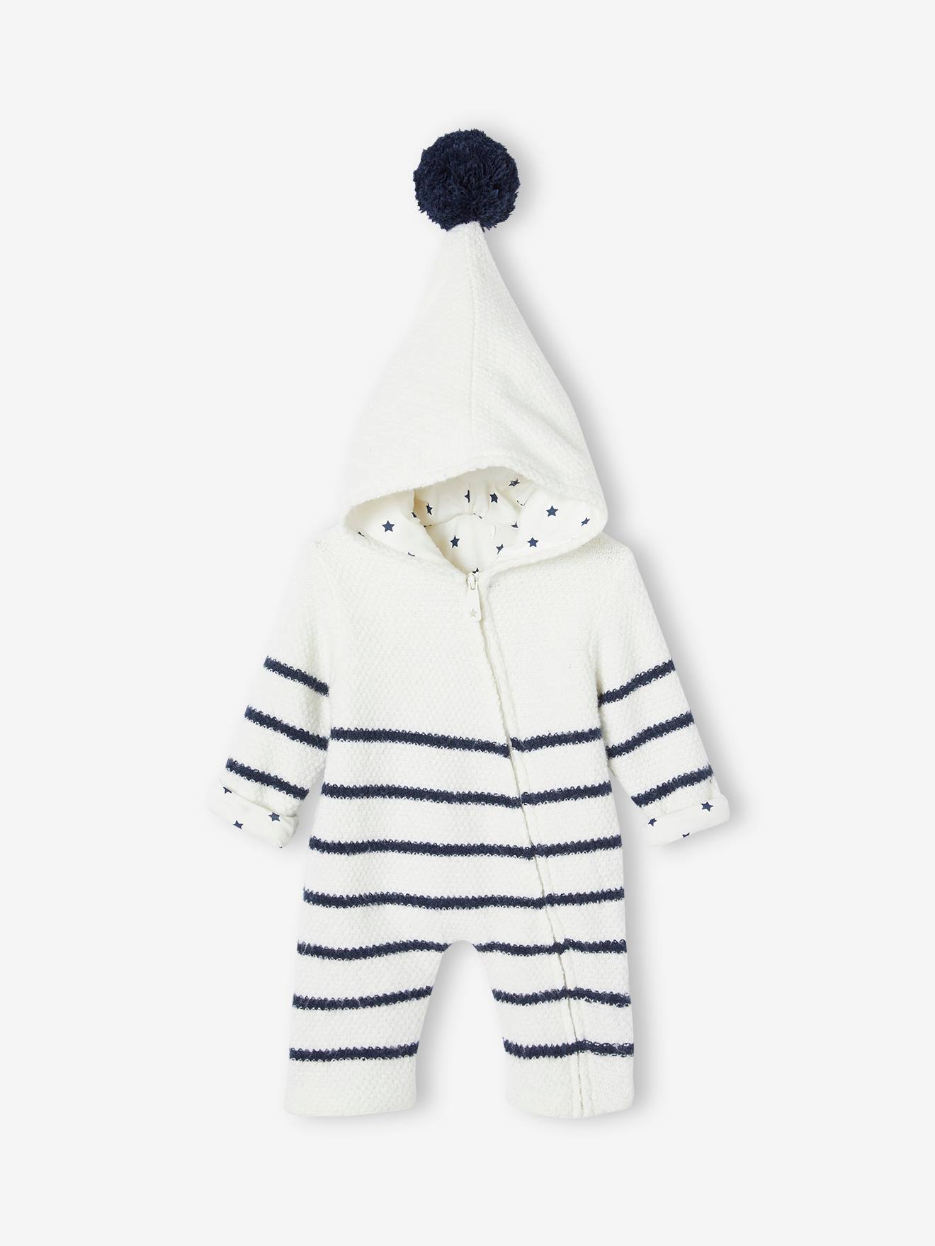 Vertbaudet Gefütterter Strickoverall für Neugeborene - wollweiß streifen+sterne