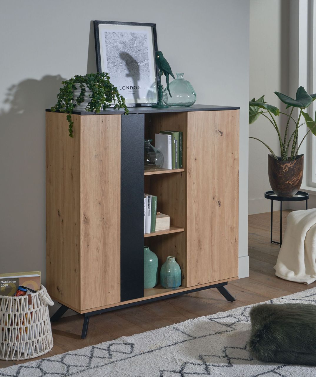 Skyport WOHNLING Highboard 110x125x40 cm MDF Sideboard Eiche Dekor Kommode Anrichte