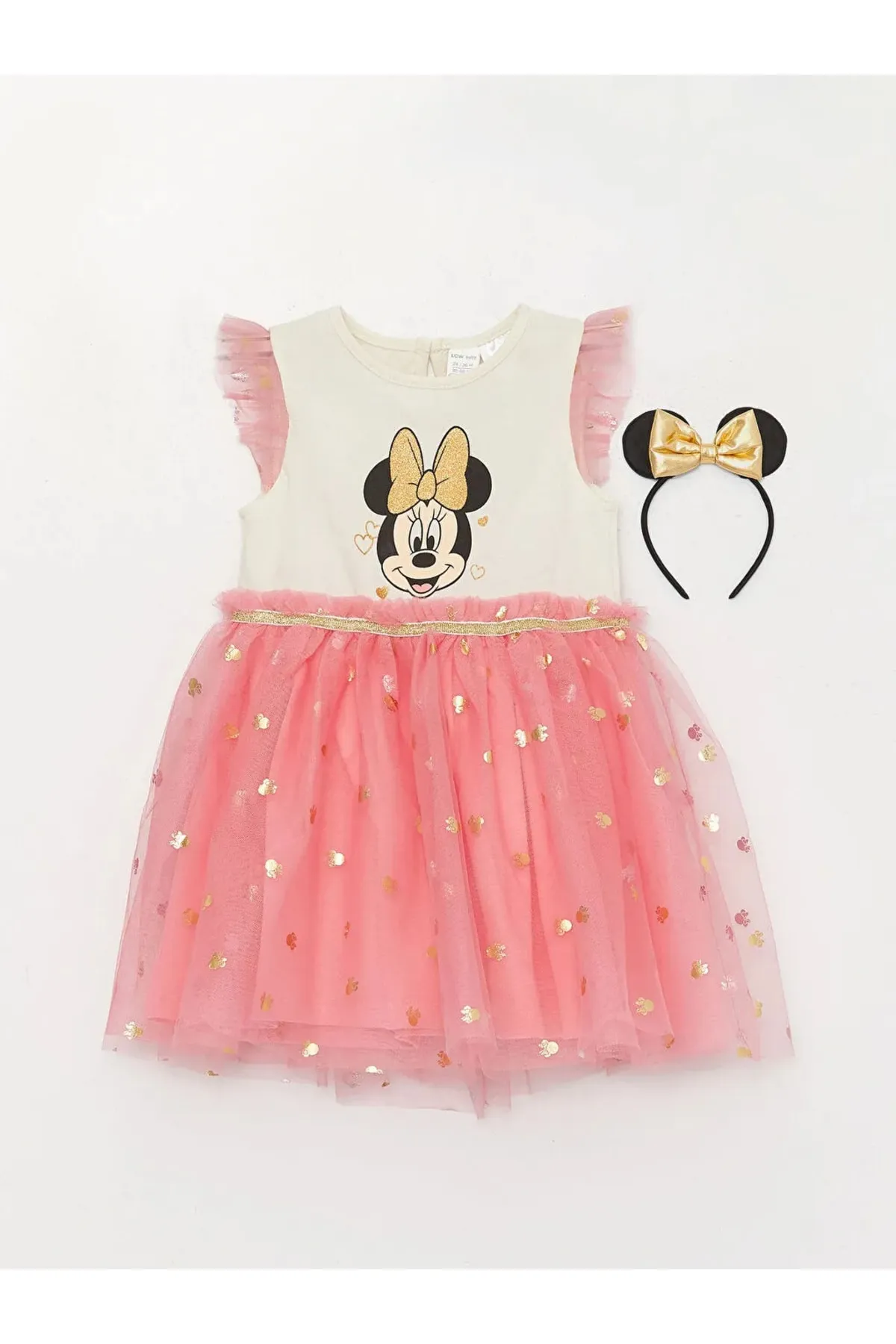 LC Waikiki  Kurzärmliges, mit Minnie Mouse bedrucktes Babymädchenkleid mit Rundhalsausschnitt und Krone im 2er-Set