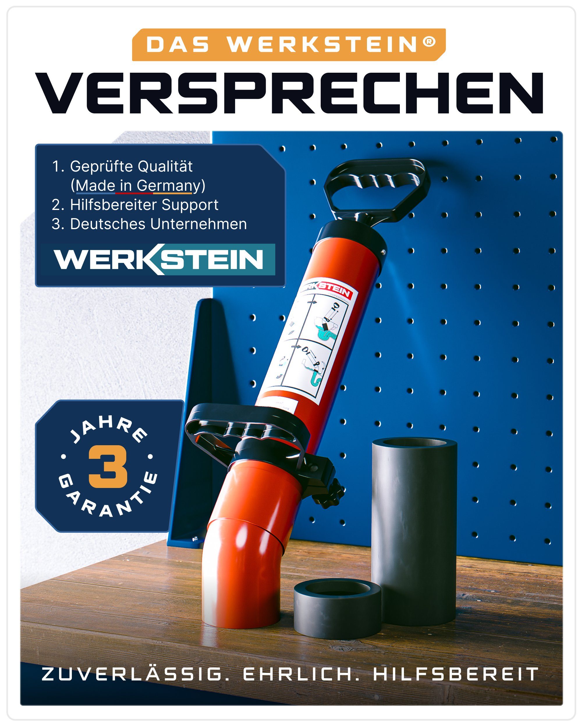 Werkstein Rohrreinigungspumpe I Abflussreiniger zur effektiven Rohrreinigung I Made in Germany, (Set, 3 teilig), Umweltfreundlich, aus stabilen ABS, inkl. 2 Adaptern