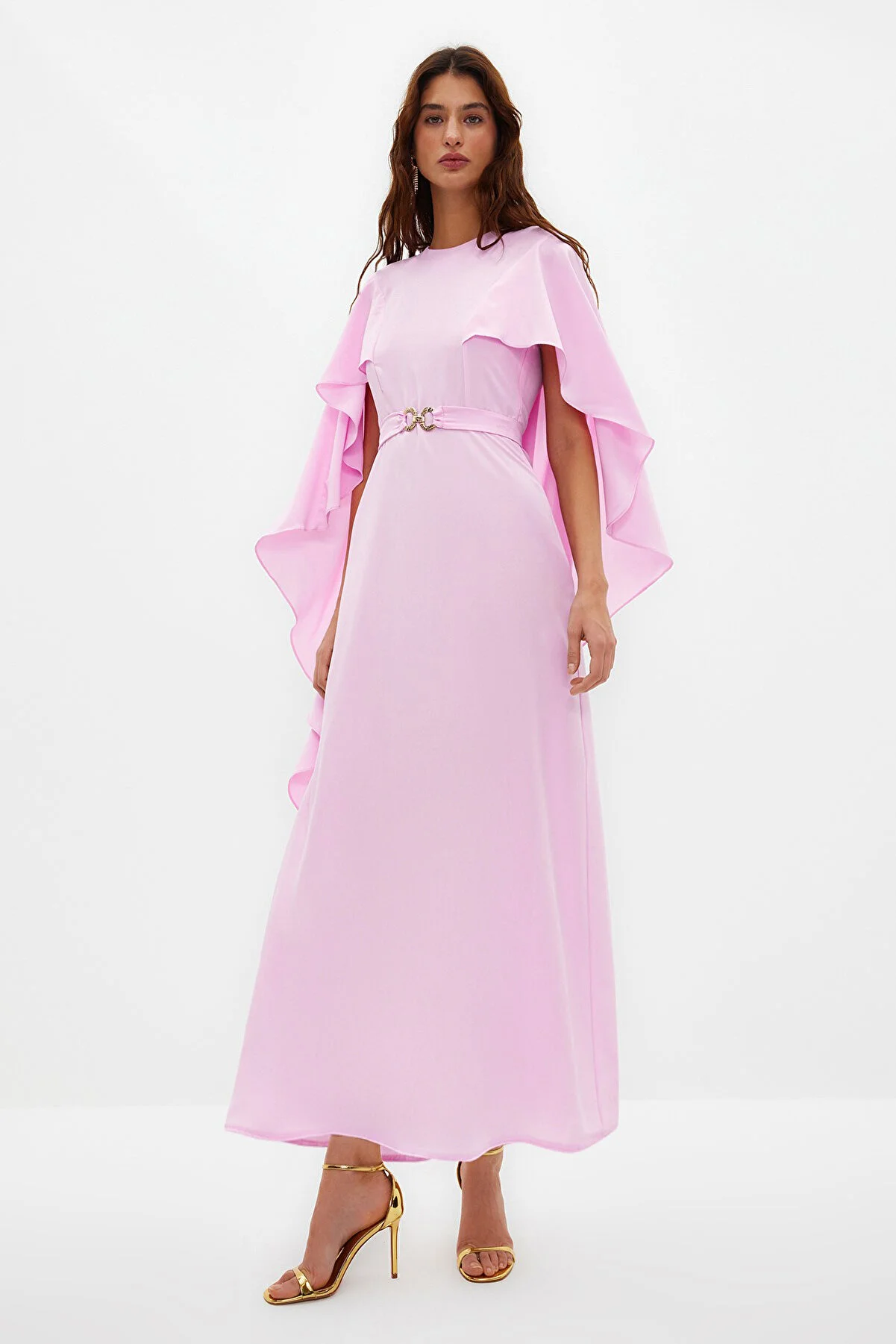 Trendyol Modest  Lilafarbenes Cape mit Gürtel, detailliertes, elegantes gewebtes Abendkleid TCTSS24DB00003