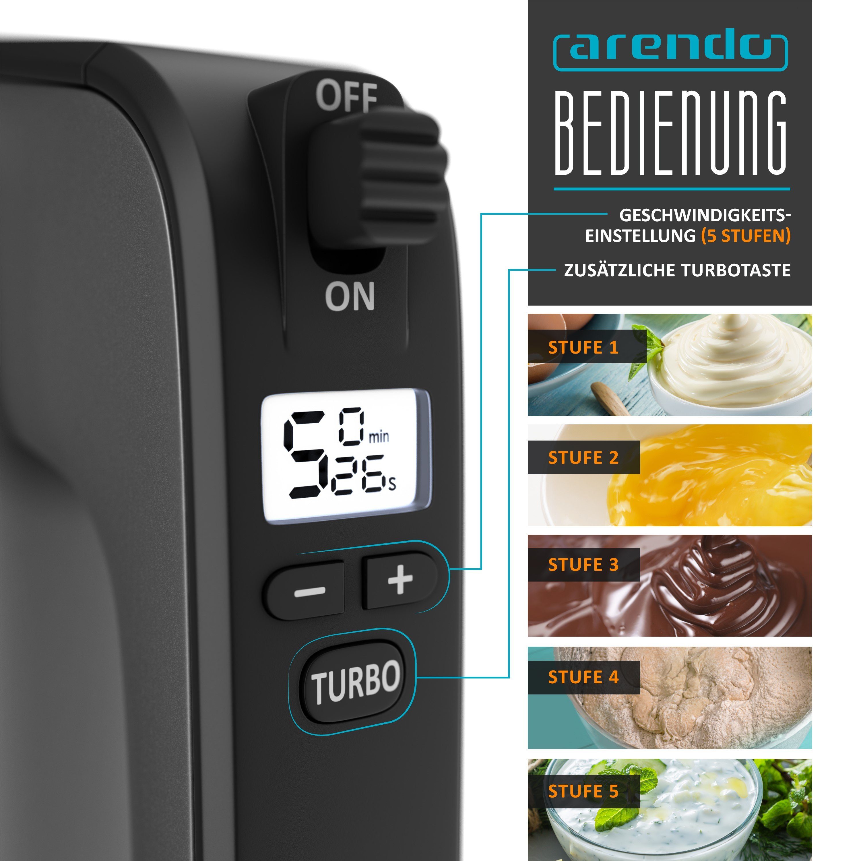 Arendo Handmixer, 350 W, aus Edelstahl mit Turbostaste, Handrührer inkl. 2 Quirle & 2 Knethaken