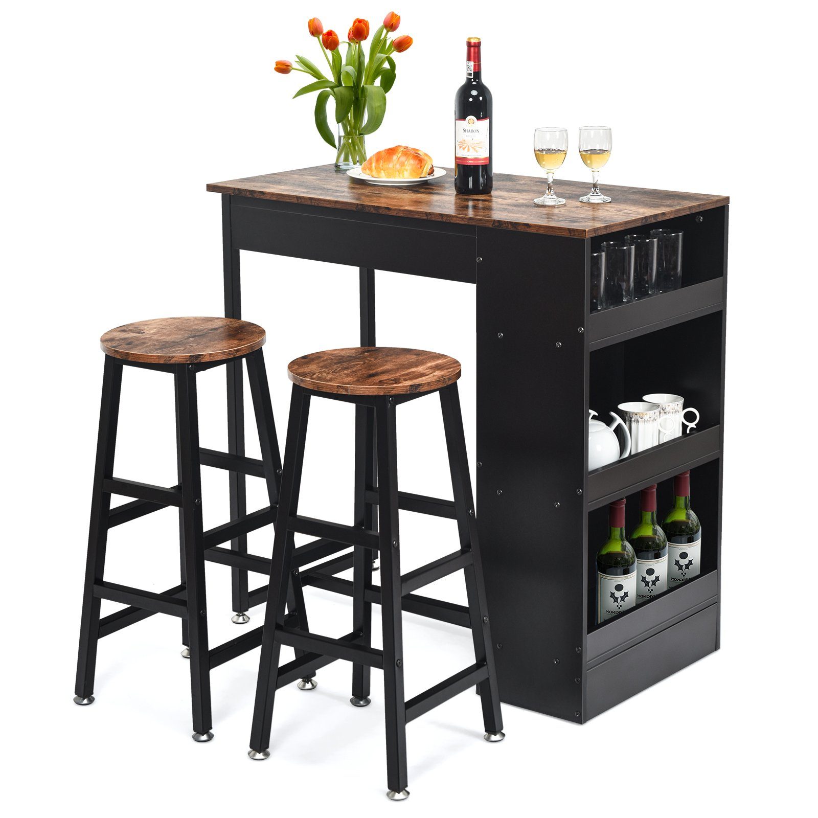 COSTWAY Bartisch, Set, mit 2 Barhockern und 3 Ablagen, 49x91x91cm, Industrie