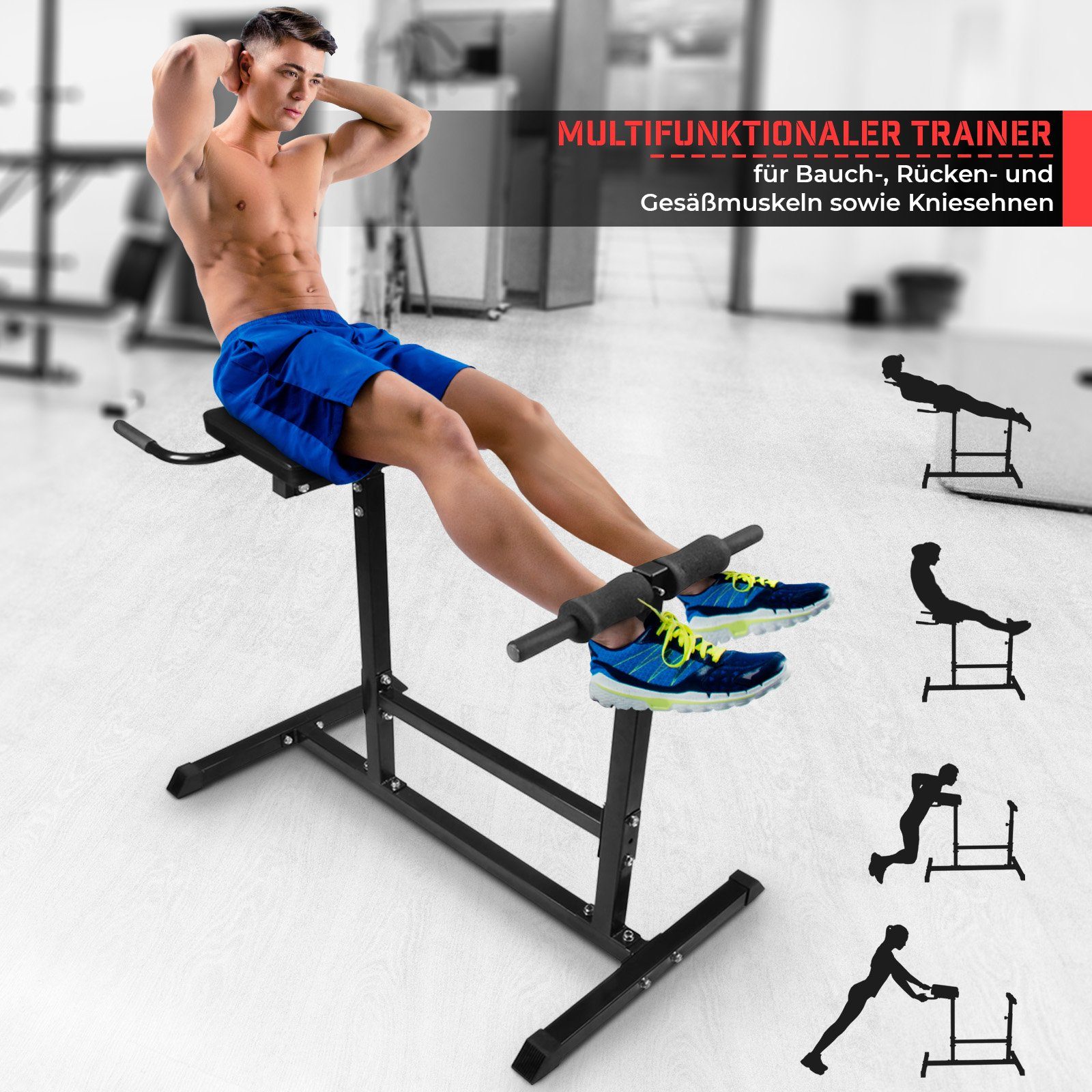 Physionics Rückentrainer Hyperextension Rückentrainer - 5-stufig höhenverstellbar, 200 kg