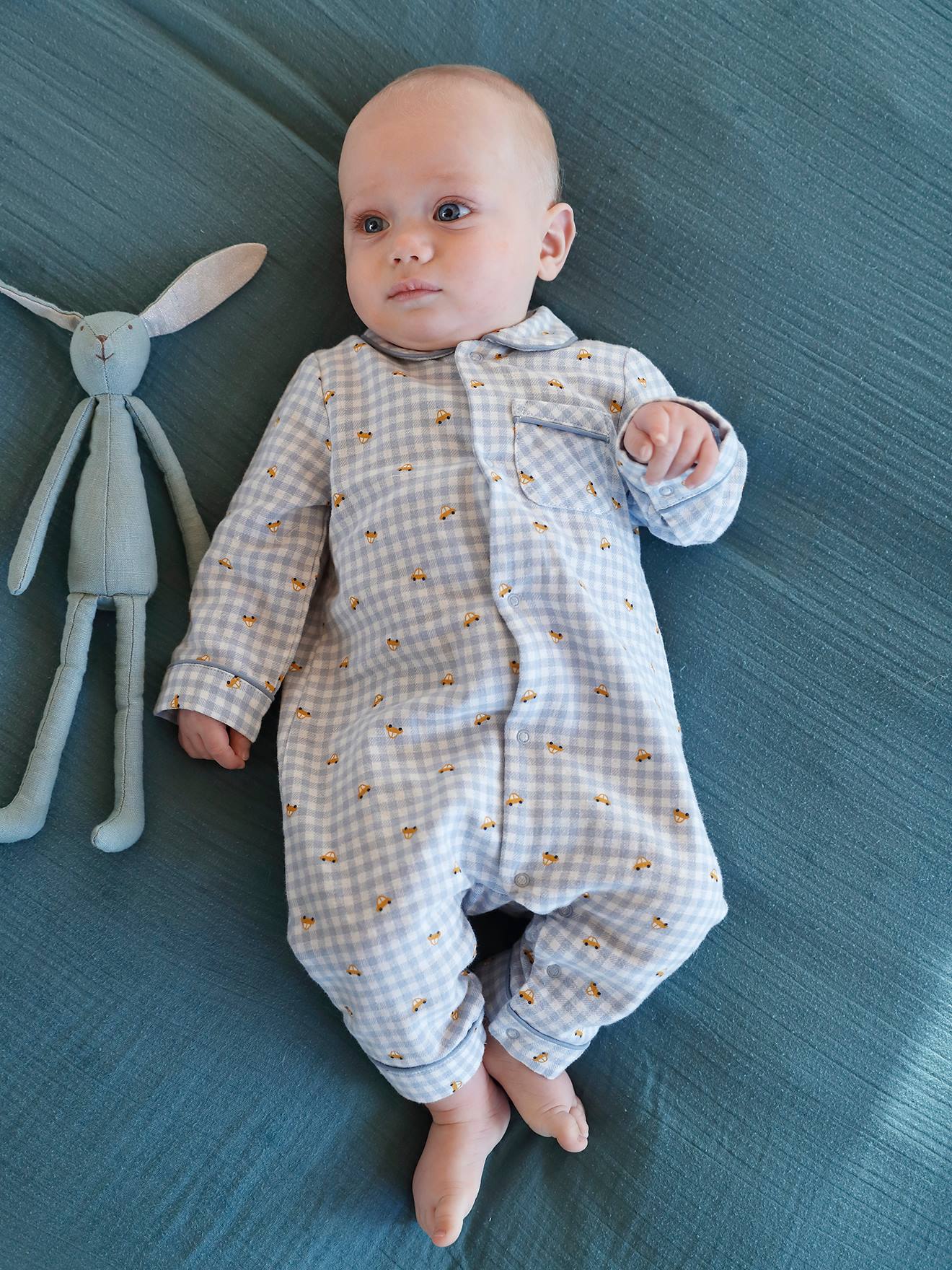 Pyjama bébé en flanelle de coton ouverture naissance carreaux ivoire