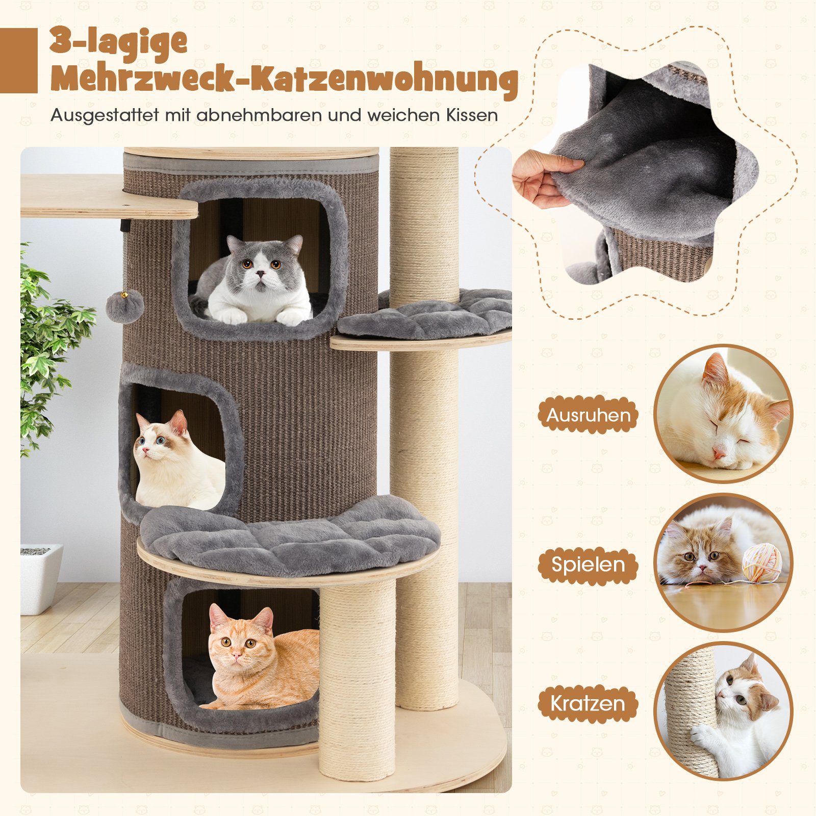 COSTWAY Kratzbaum Katzenbaum, 173cm deckenhoch, mit 3 Katzenhöhle
