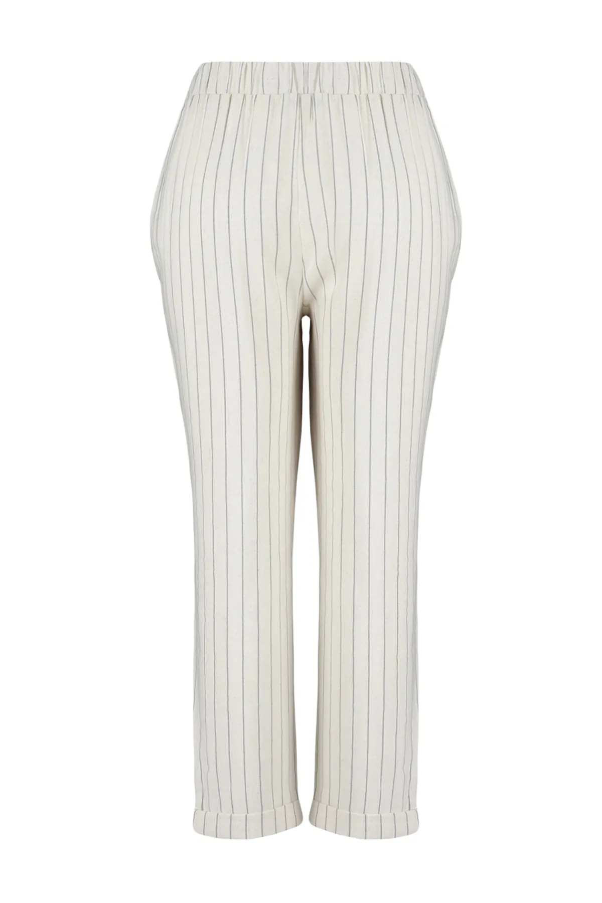 Trendyol Curve  Beigefarbene, gestreifte Webhose in Leinenoptik TBBSS23AR00039