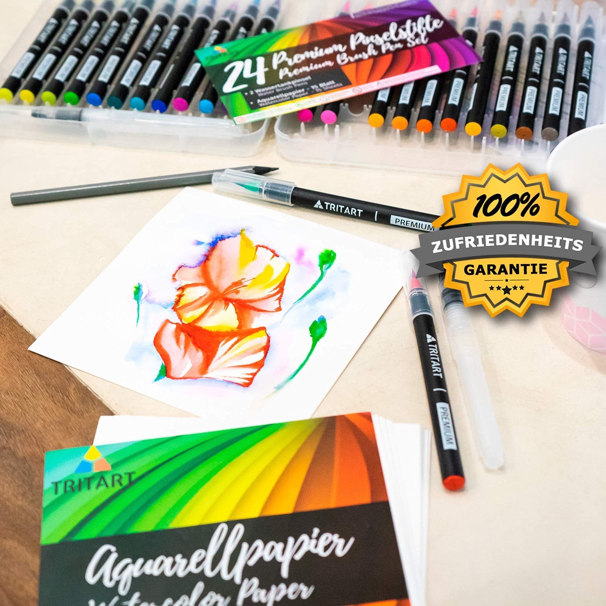 Tritart Pinselstift Pinselstift-Set - 24 Stifte, 2 Wasserpinsel, 15 Aquarellblätter, Brush Pens Set - 24 Pens, 2 Water Brushes, 15 Sheets