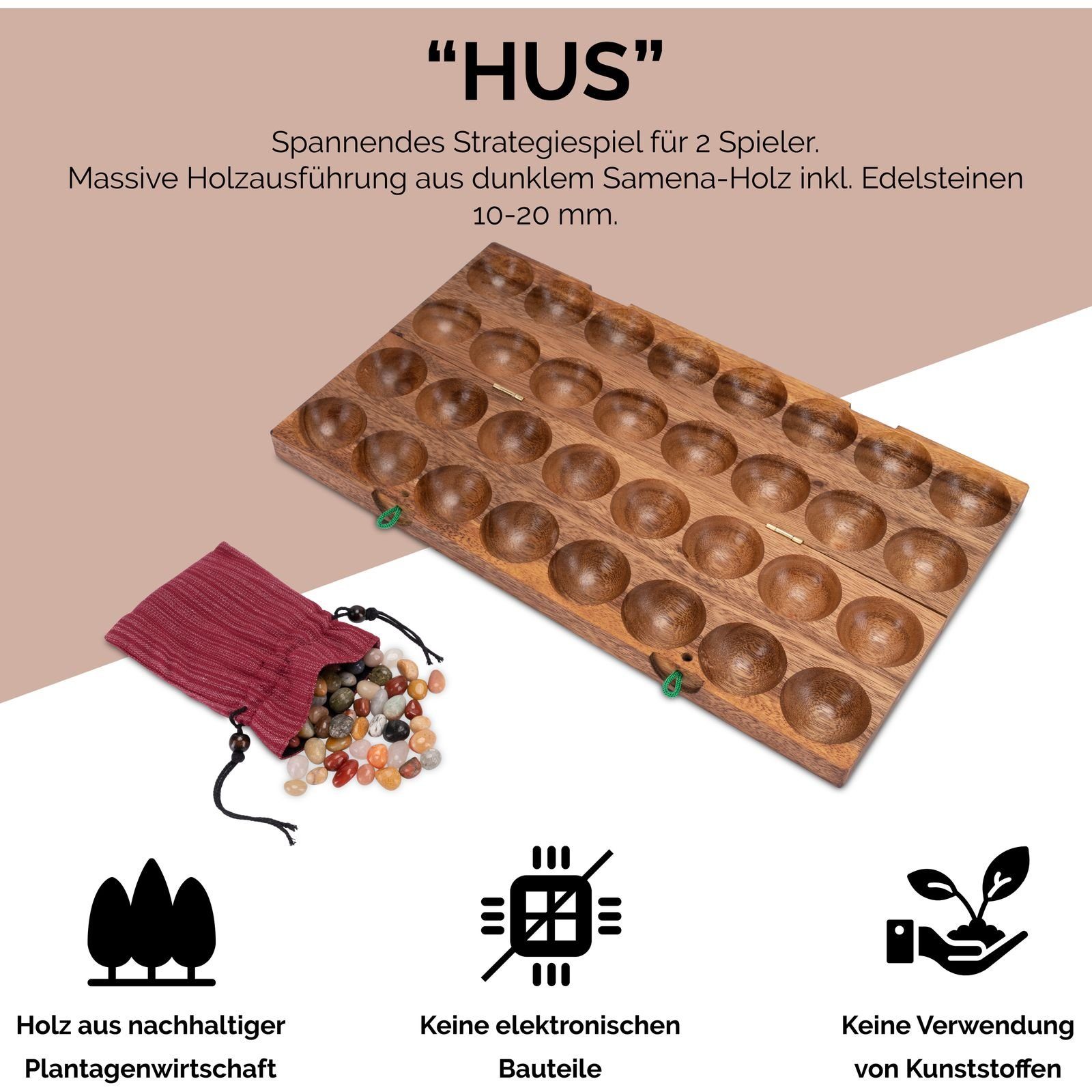 Logoplay Holzspiele Spiel, Hus Spiel – für 2 Spieler – Bao – Kalaha – mit Edelsteinen und StoffbeutelHolzspielzeug