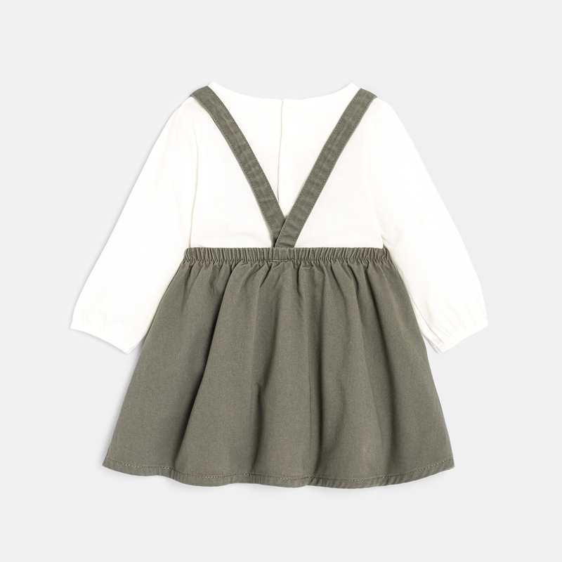 Robe à bretelles en twill et t-shirt oiseau verte bébé fille