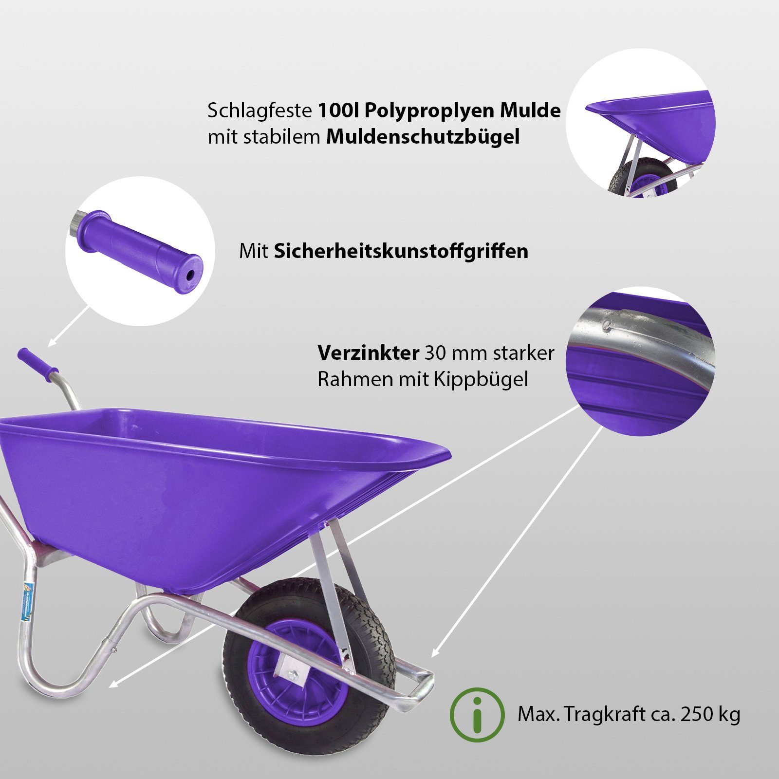 TRUTZHOLM Schubkarre Schubkarre 100 L 250 kg violett Gartenschubkarre Schiebkarre PP Mulde